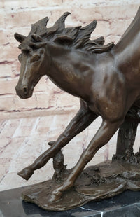 Jumping Racing Wild Horse Stallion Bronze Sculpture Signed Art