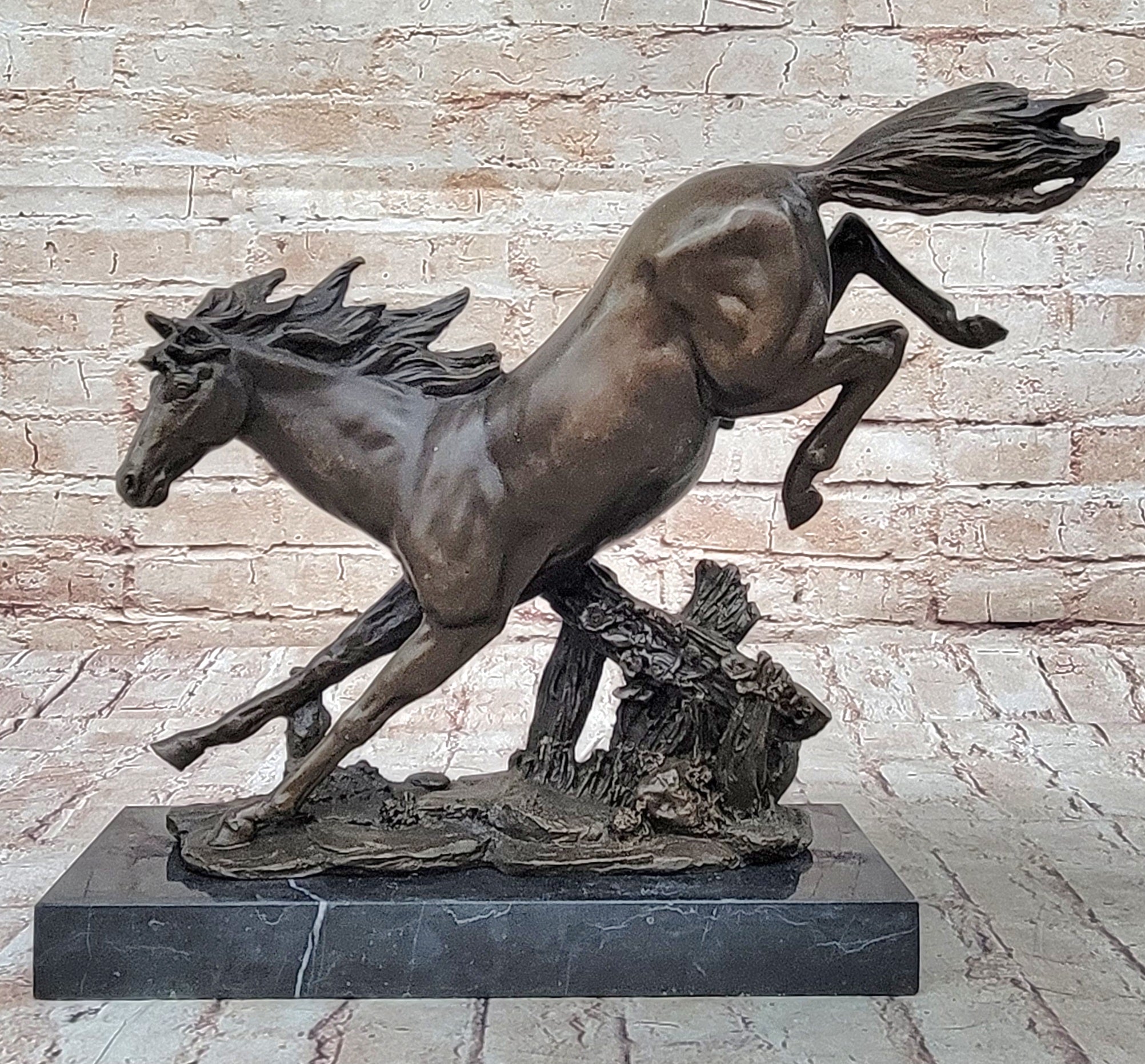 Jumping Racing Wild Horse Stallion Bronze Sculpture Signed Art