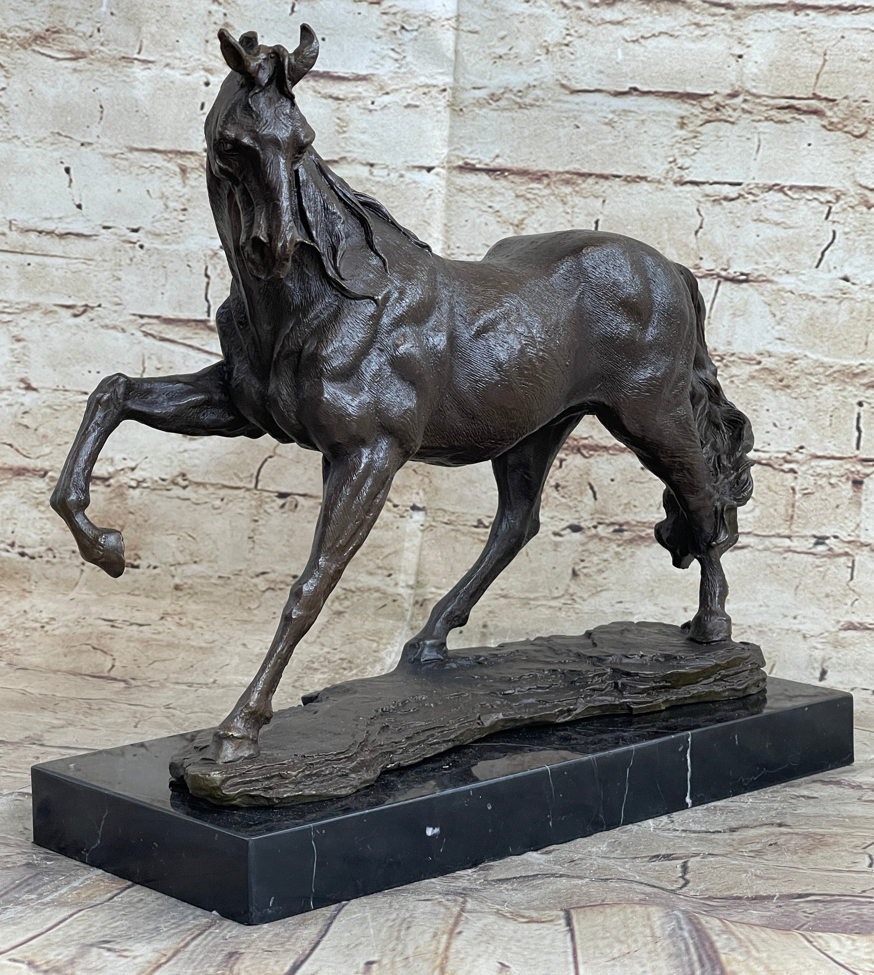 Signed Arabian Horse Bronze Sculpture Modern Art Marble