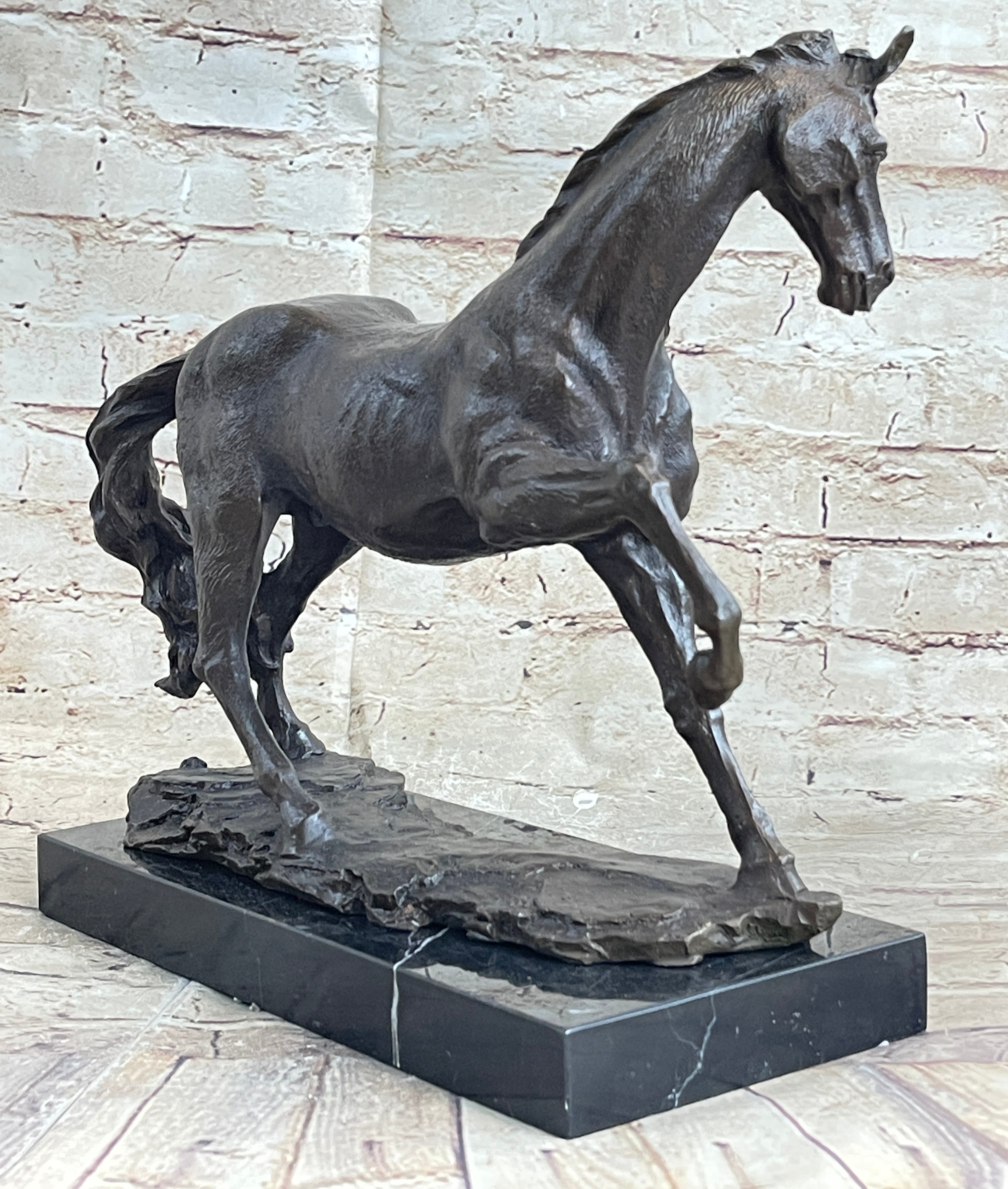 Signed Arabian Horse Bronze Sculpture Modern Art Marble