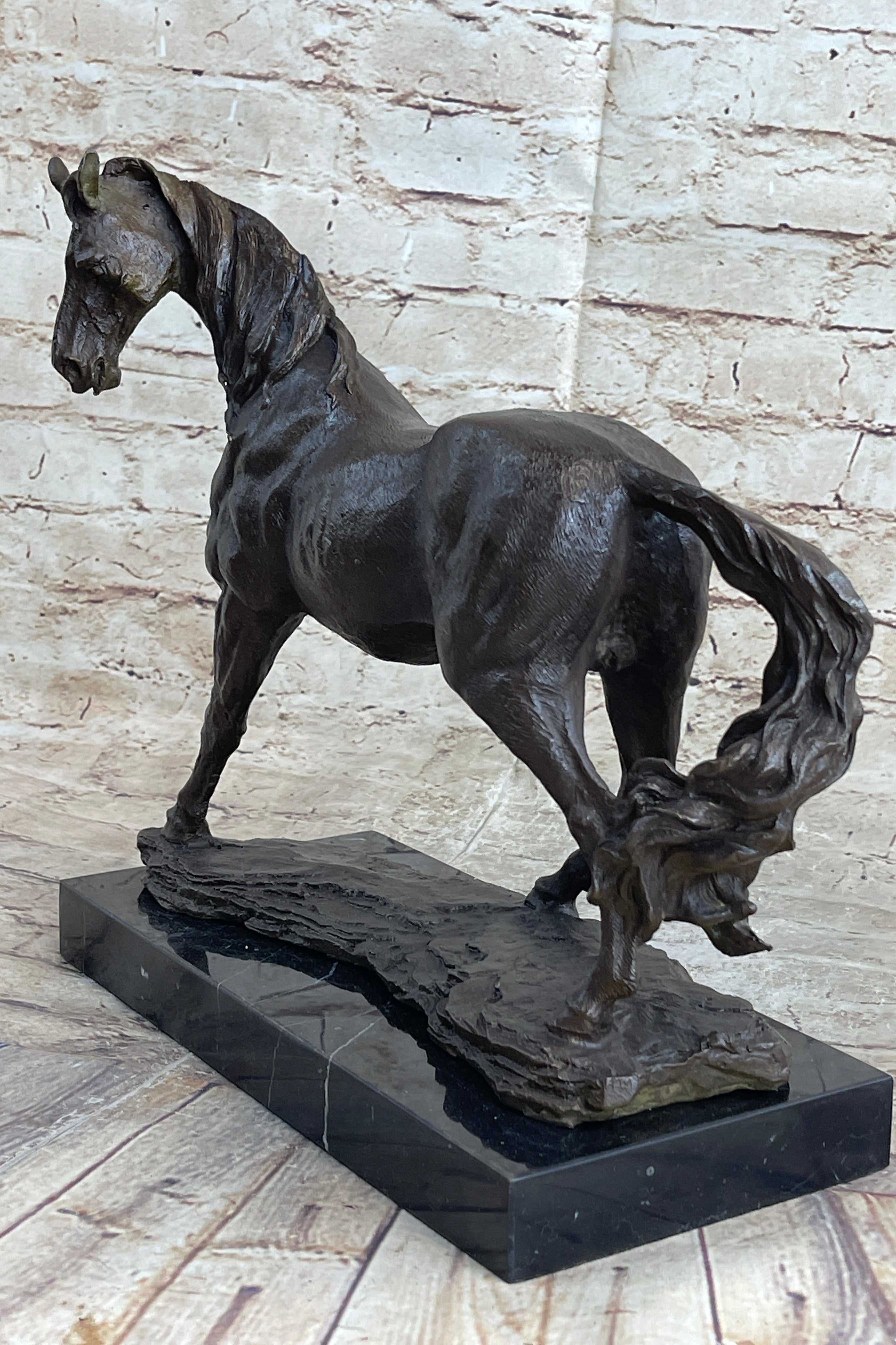 Signed Arabian Horse Bronze Sculpture Modern Art Marble