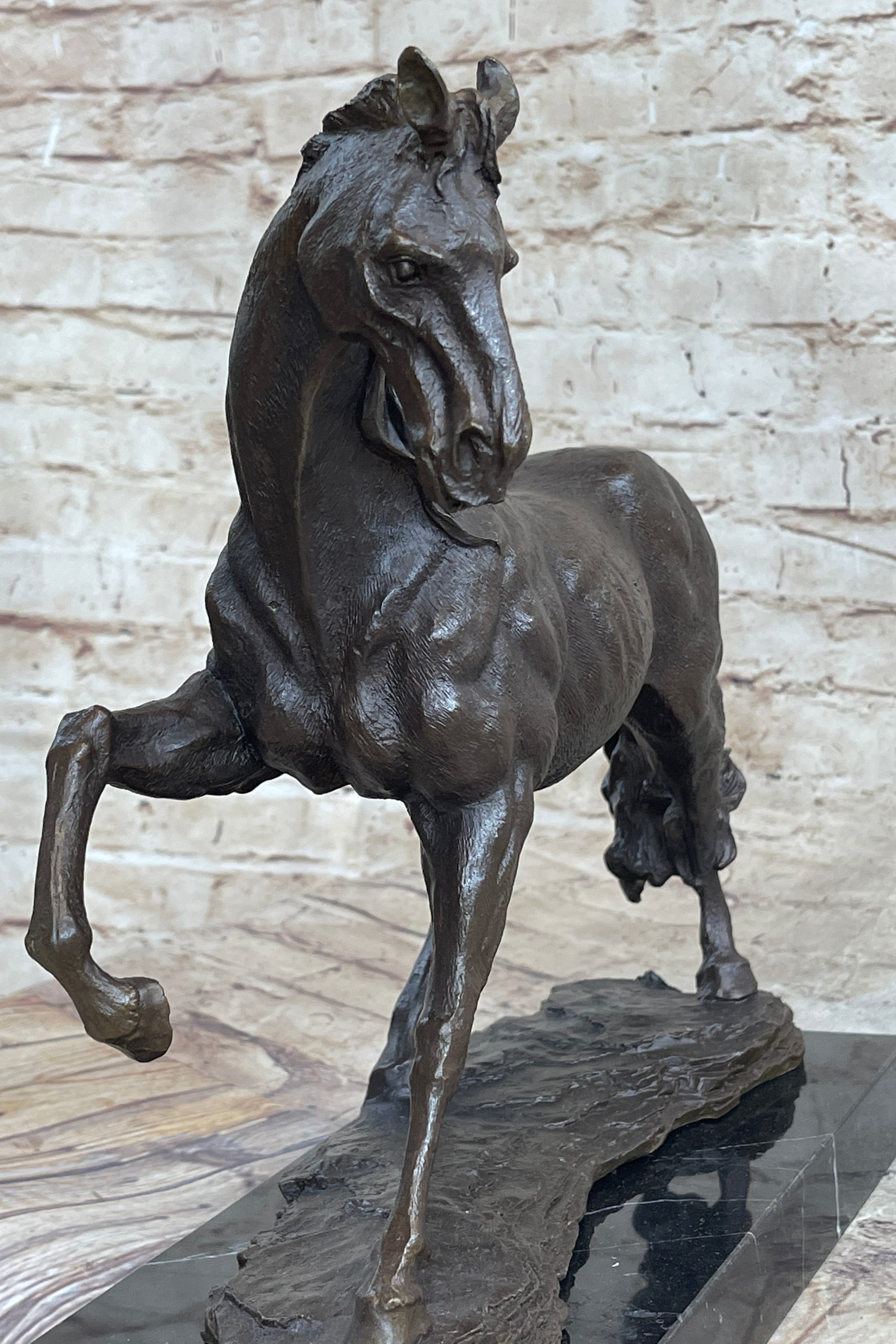 Signed Arabian Horse Bronze Sculpture Modern Art Marble