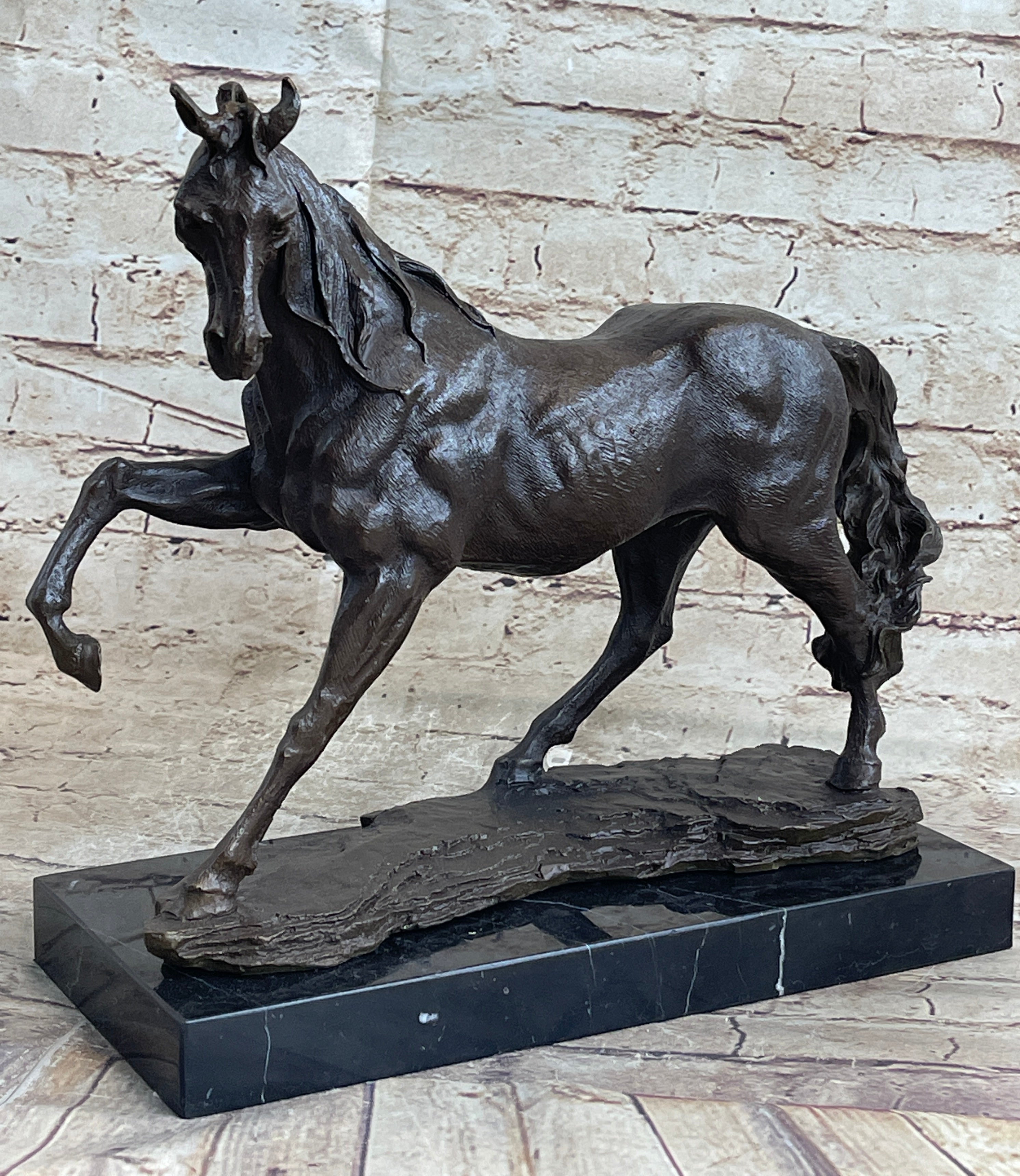 Signed Arabian Horse Bronze Sculpture Modern Art Marble