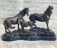 Signed Mene Horse Family Bronze Sculpture Art Deco Marble Base