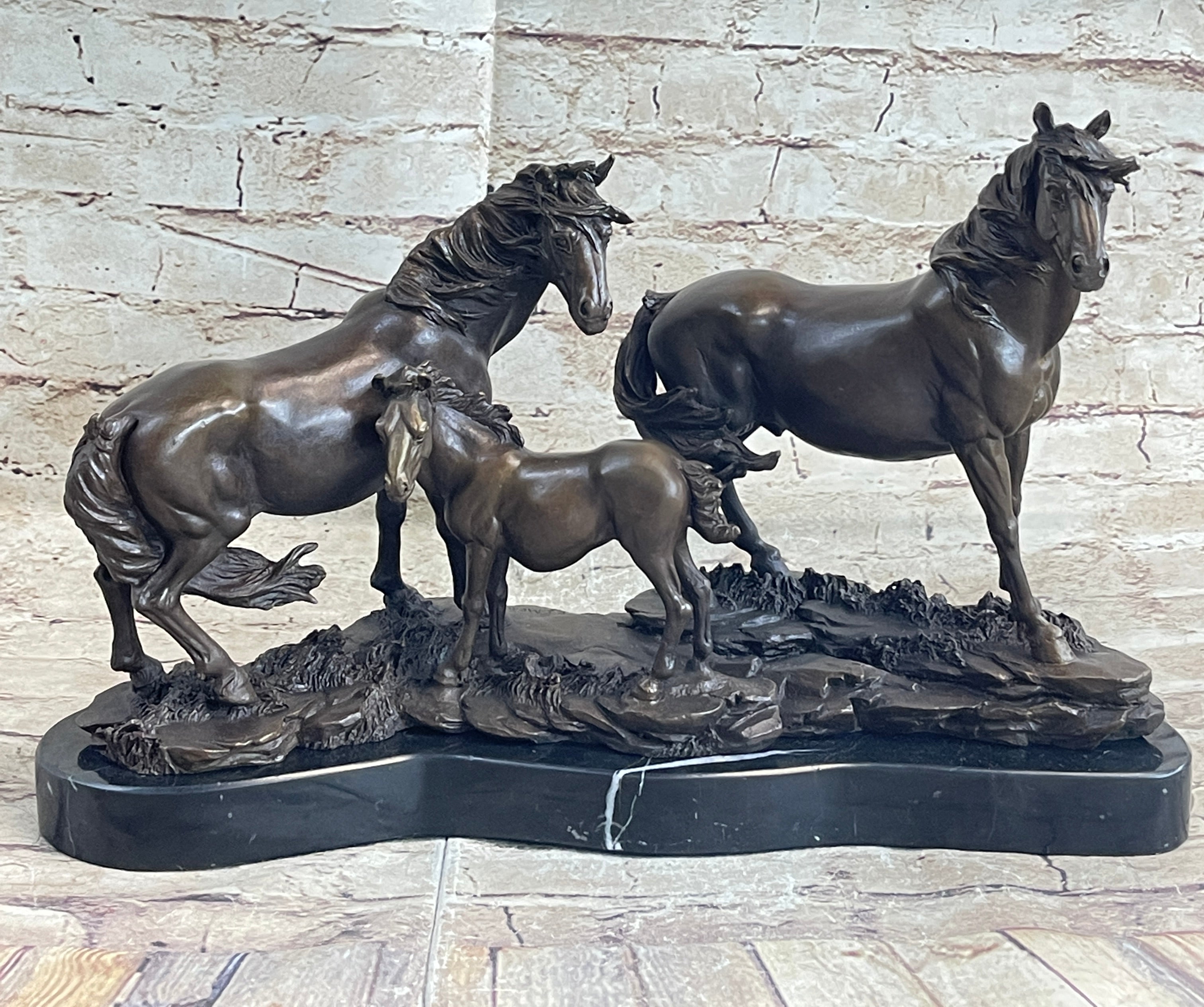 Signed Mene Horse Family Bronze Sculpture Art Deco Marble Base