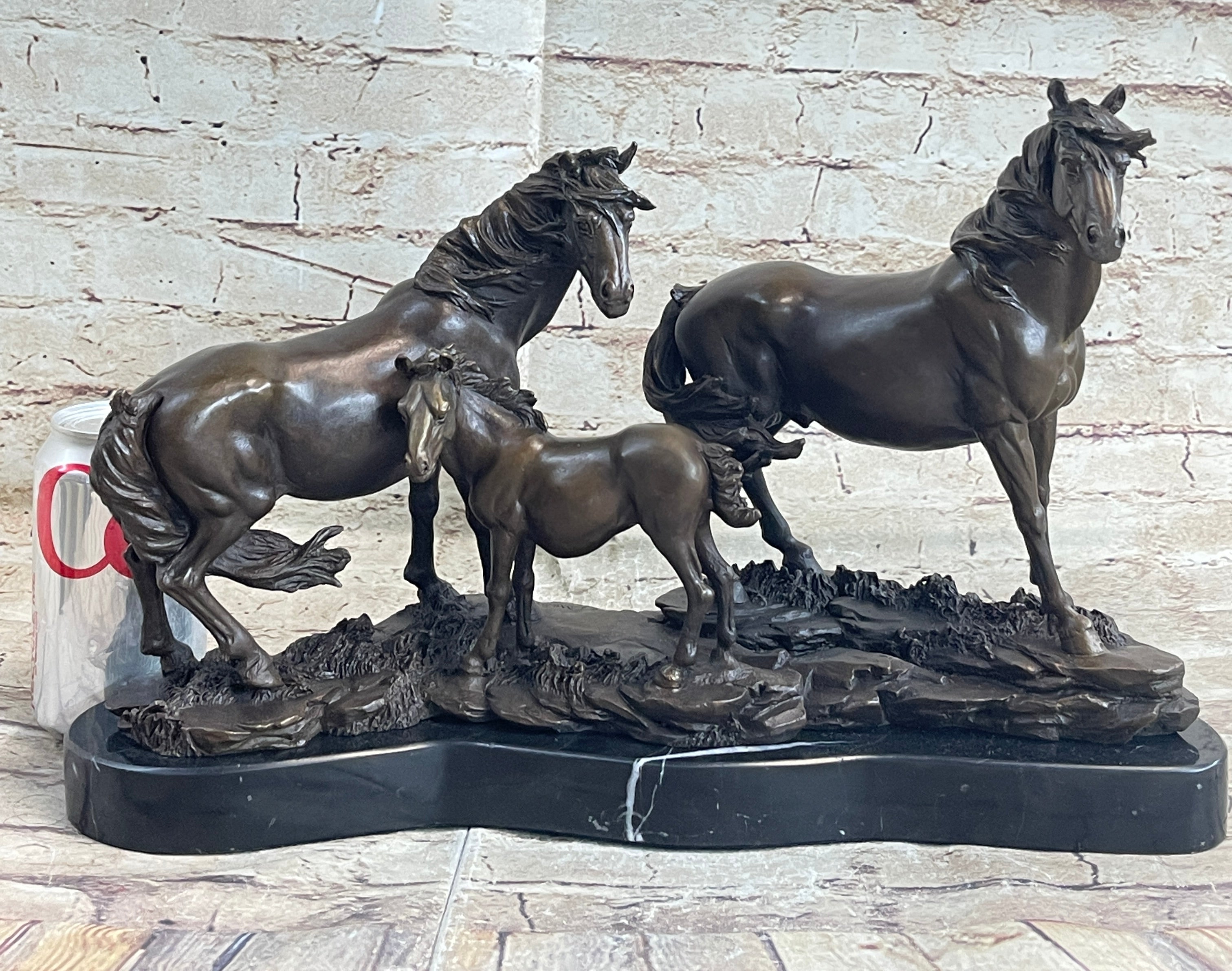 Signed Mene Horse Family Bronze Sculpture Art Deco Marble Base