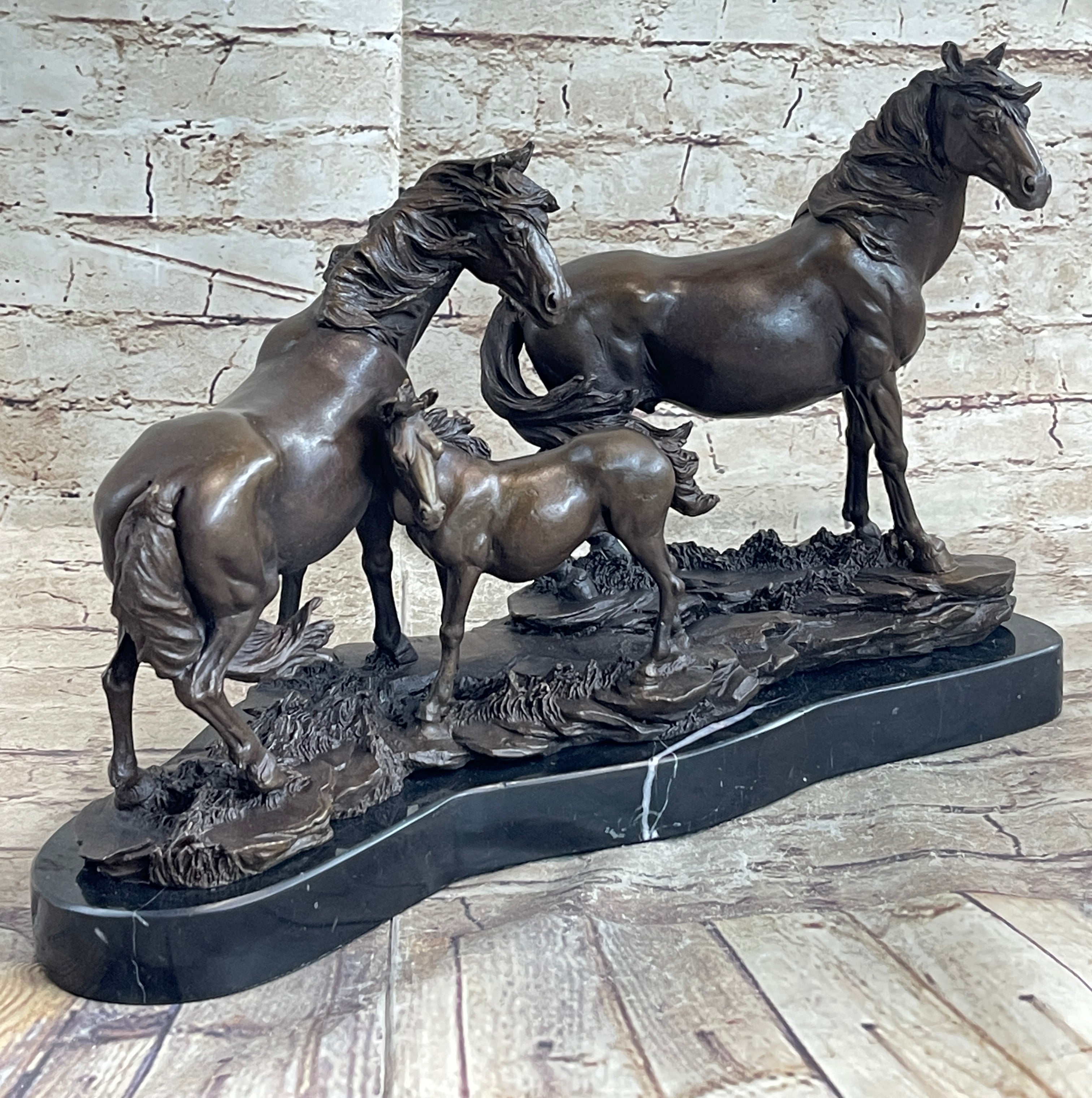 Signed Mene Horse Family Bronze Sculpture Art Deco Marble Base