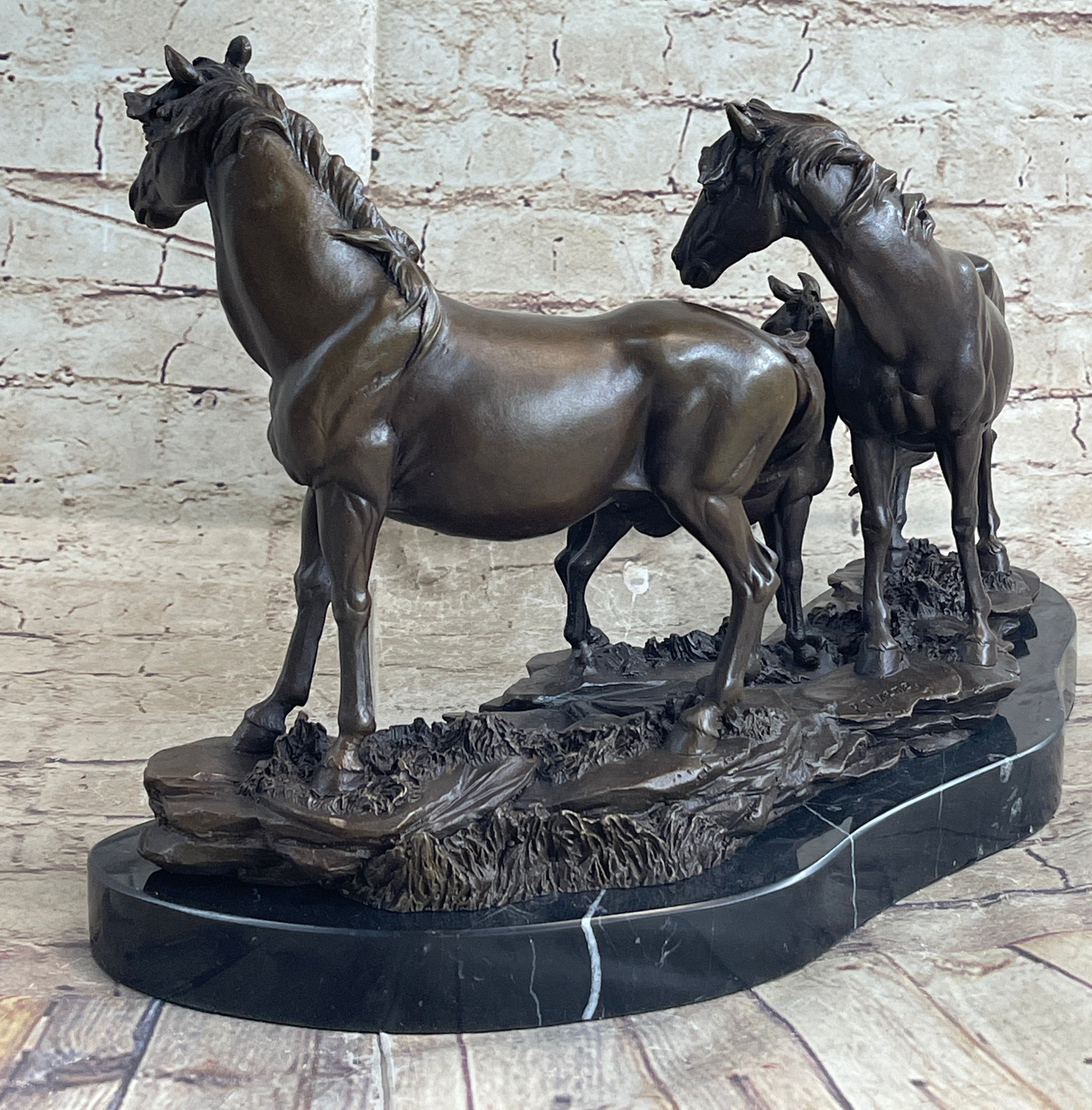 Signed Mene Horse Family Bronze Sculpture Art Deco Marble Base