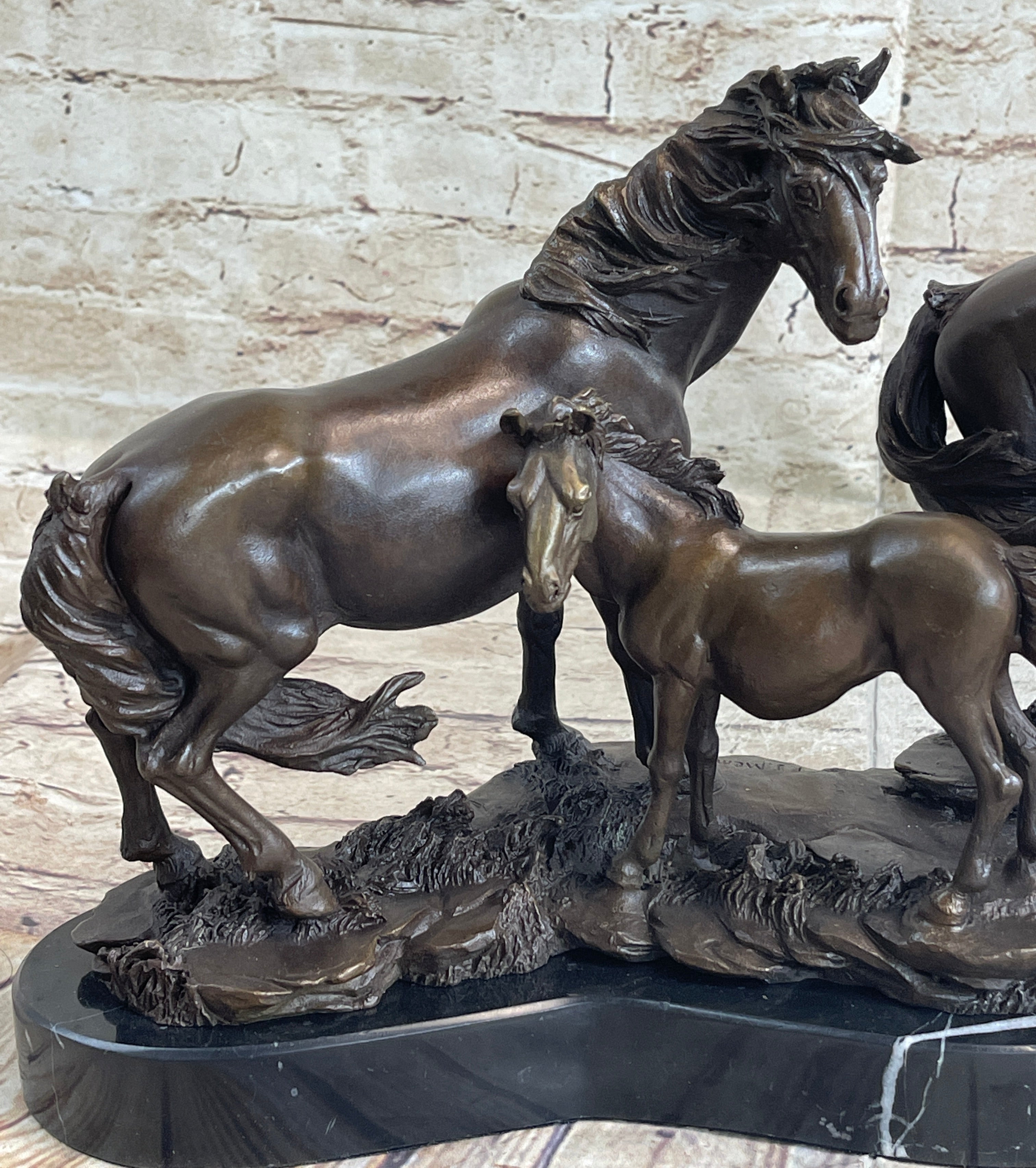 Signed Mene Horse Family Bronze Sculpture Art Deco Marble Base