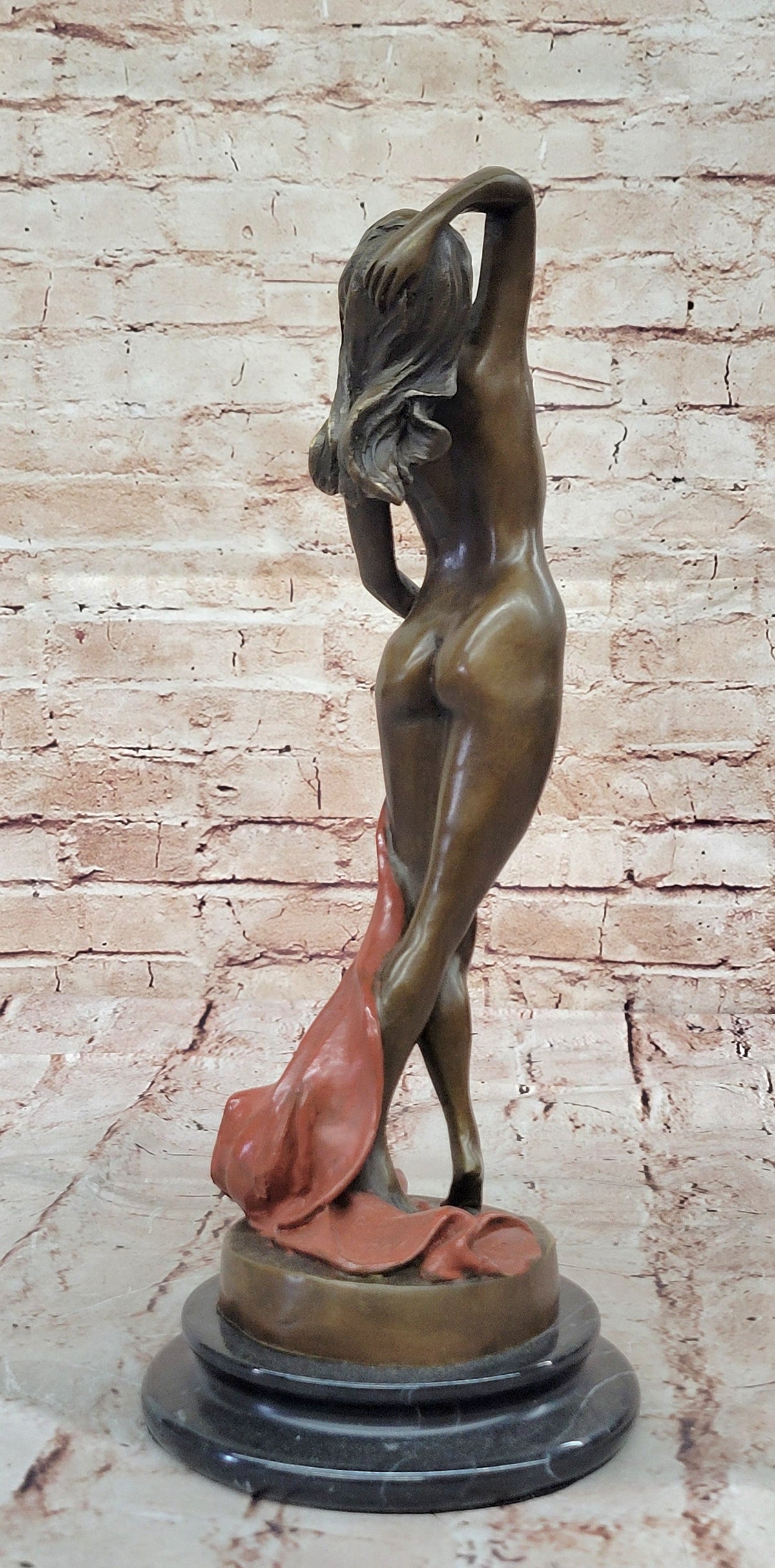 Sensual Bronze Nude Girl with Red Drape – Striking Figurative Sculpture