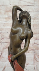 Sensual Bronze Nude Girl with Red Drape – Striking Figurative Sculpture