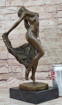 Bronze Sculpture of Nude Female Figure Dancer Girl w/ Sash Signed Art