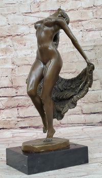 Bronze Sculpture of Nude Female Figure Dancer Girl w/ Sash Signed Art