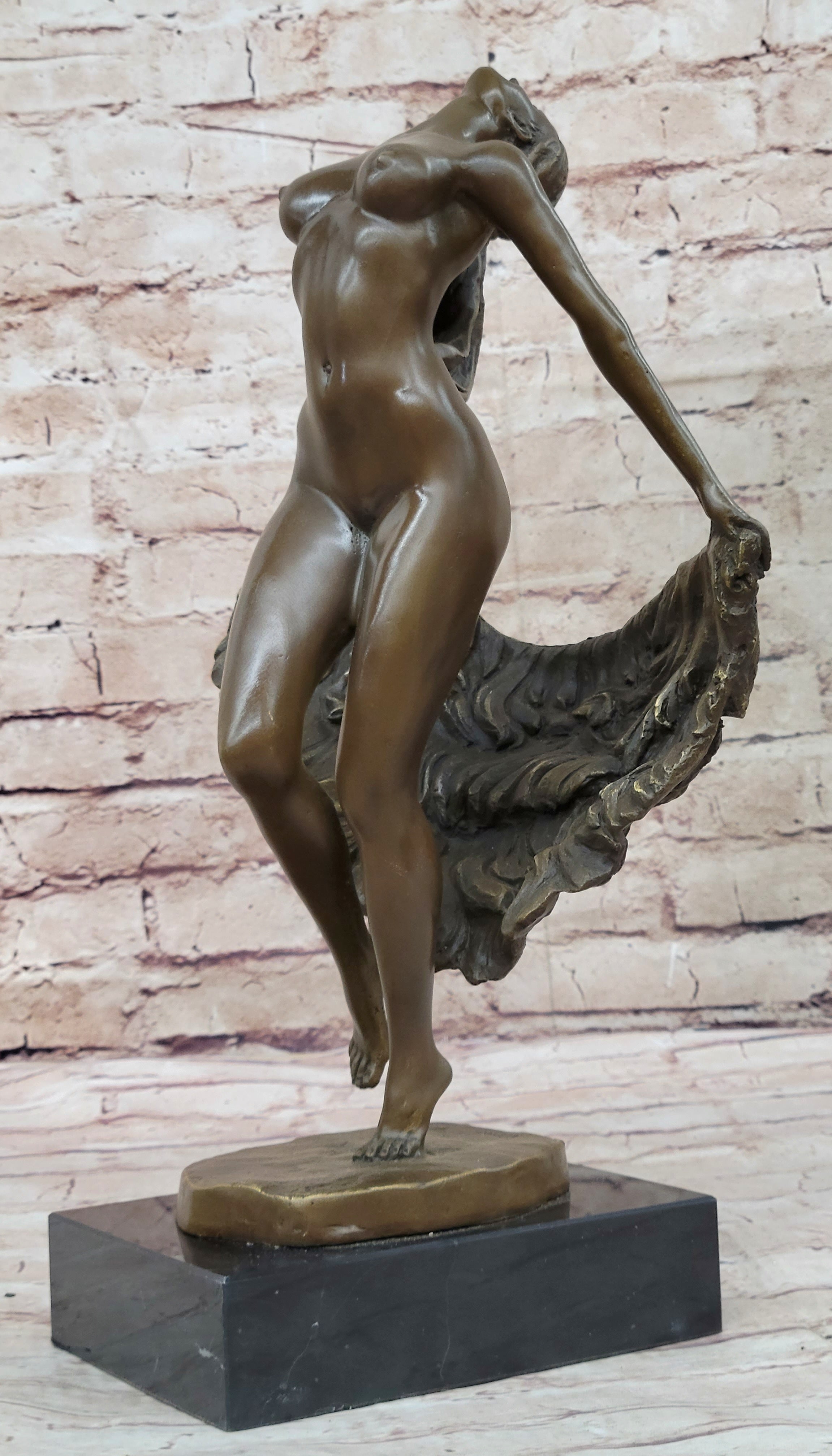 Bronze Sculpture of Nude Female Figure Dancer Girl w/ Sash Signed Art