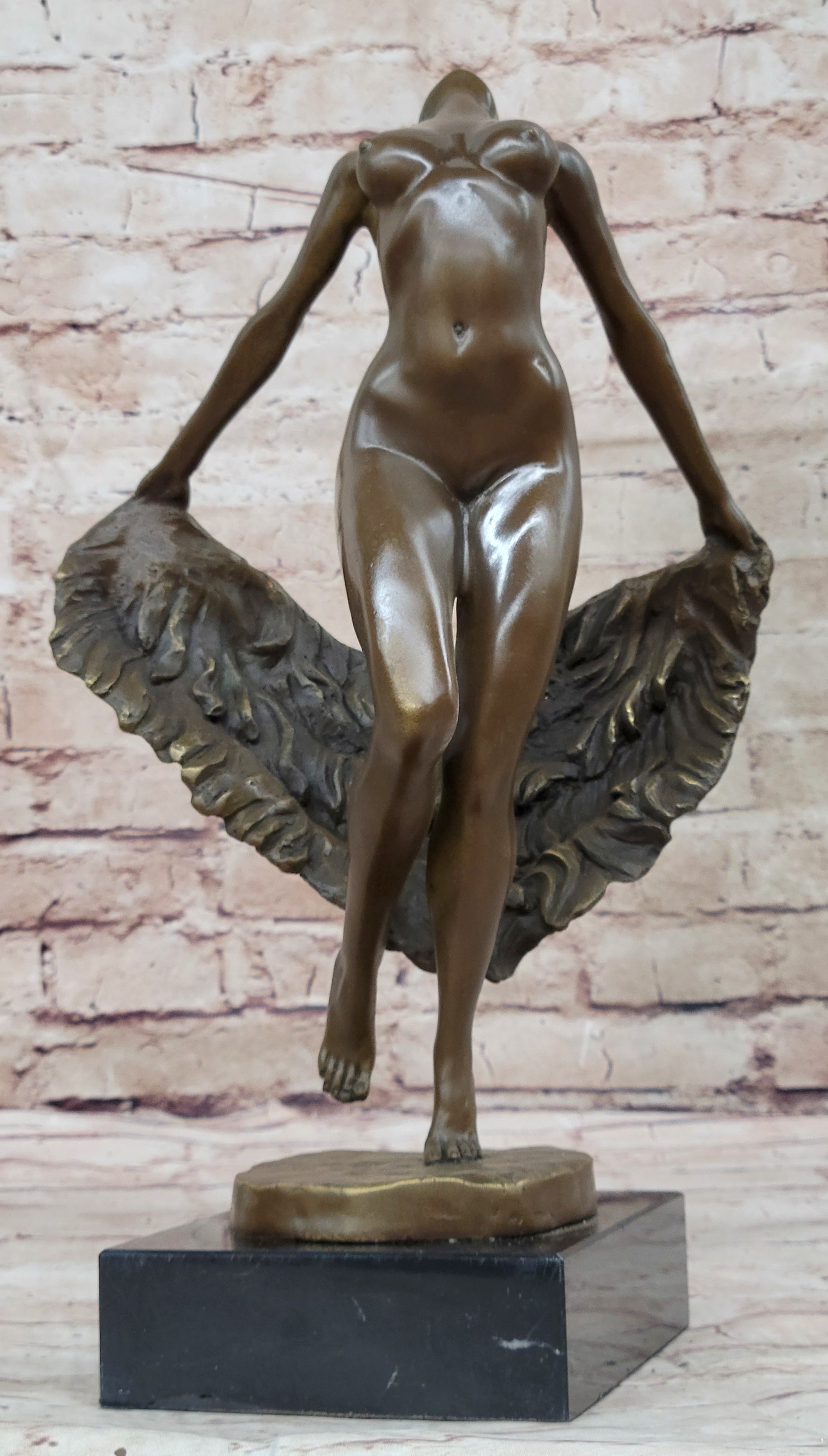 Bronze Sculpture of Nude Female Figure Dancer Girl w/ Sash Signed Art