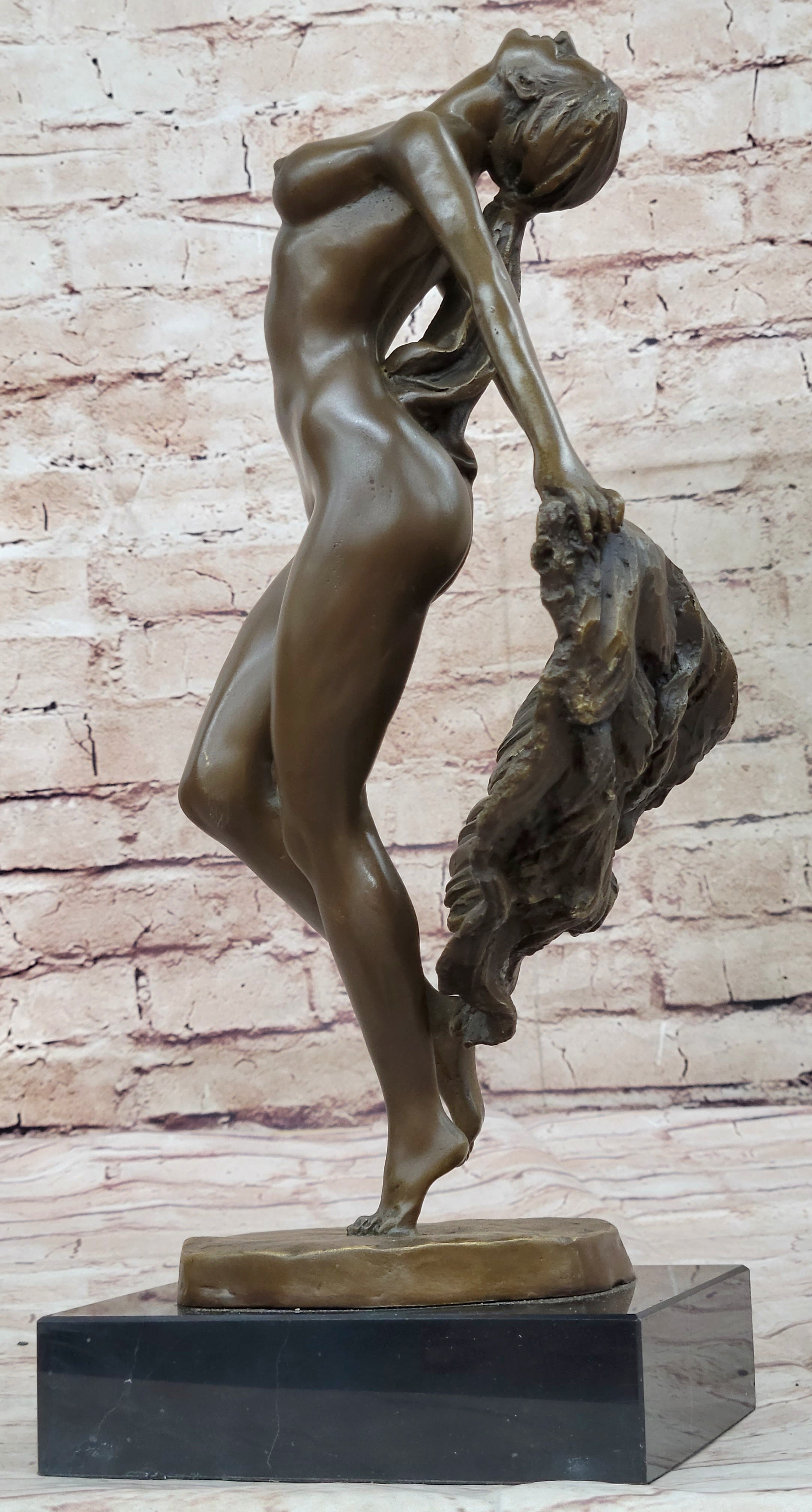 Bronze Sculpture of Nude Female Figure Dancer Girl w/ Sash Signed Art