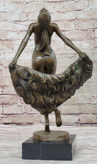 Bronze Sculpture of Nude Female Figure Dancer Girl w/ Sash Signed Art