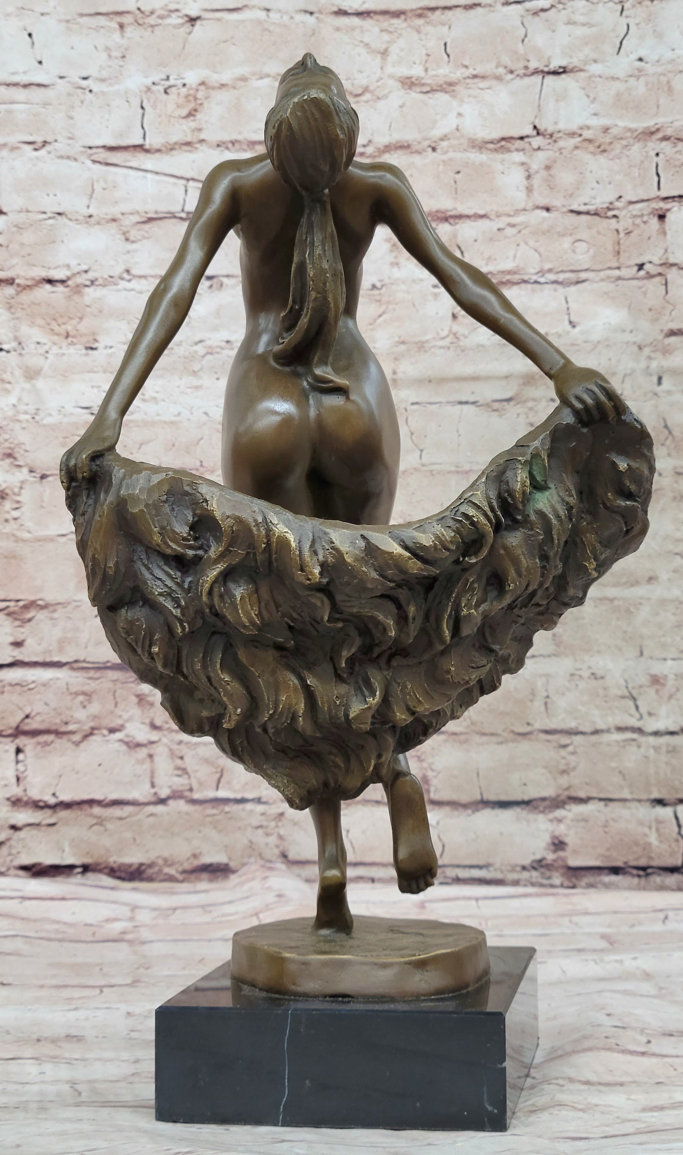 Bronze Sculpture of Nude Female Figure Dancer Girl w/ Sash Signed Art