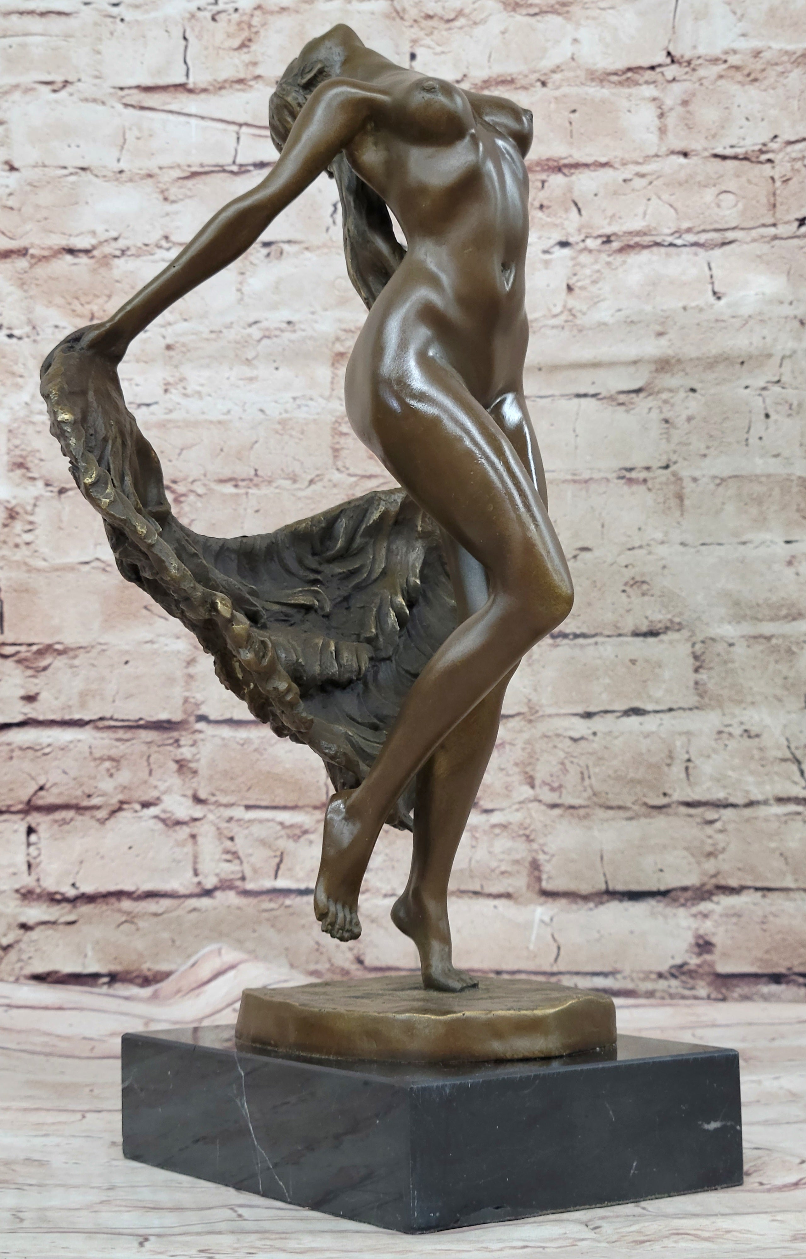 Bronze Sculpture of Nude Female Figure Dancer Girl w/ Sash Signed Art