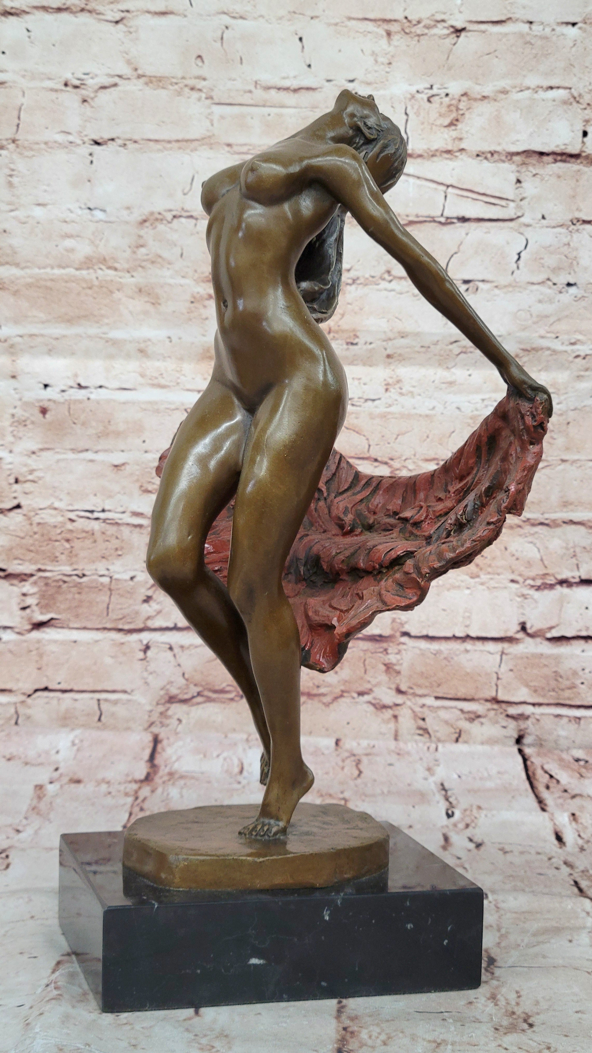 Bronze Nude Woman Sculpture with Flowing Skirt on Base - Figurative Original Art