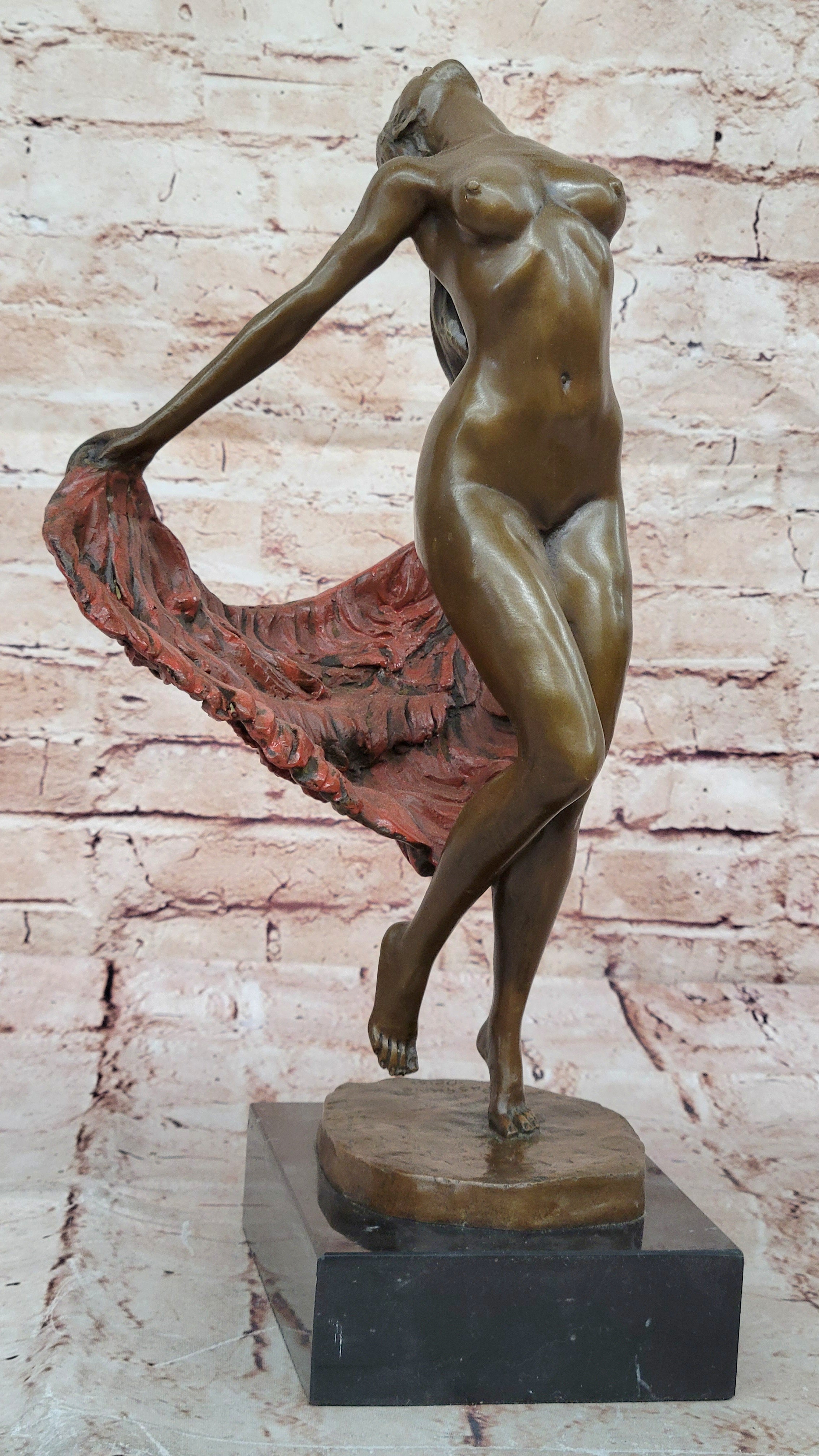 Bronze Nude Woman Sculpture with Flowing Skirt on Base - Figurative Original Art