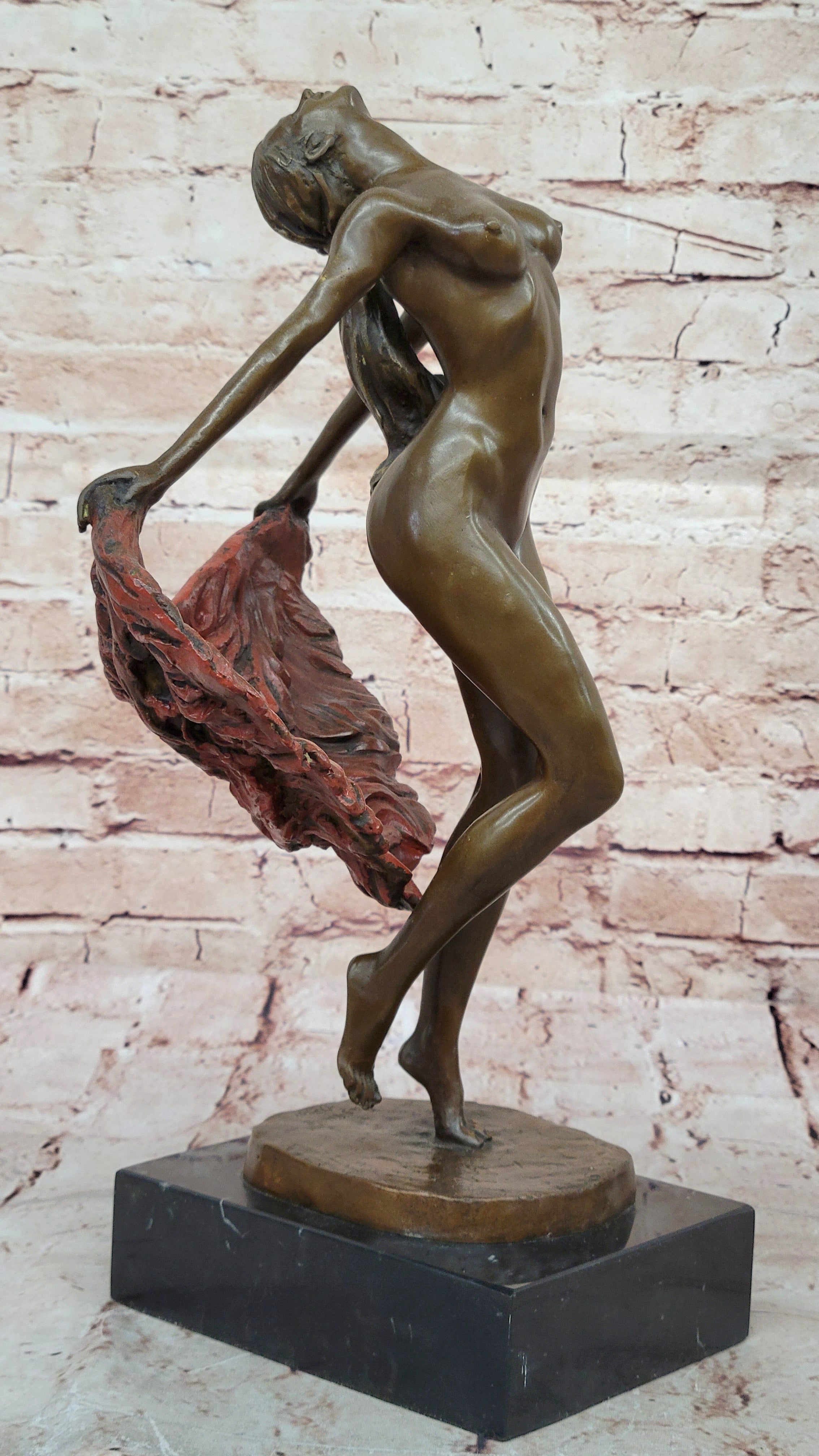 Bronze Nude Woman Sculpture with Flowing Skirt on Base - Figurative Original Art