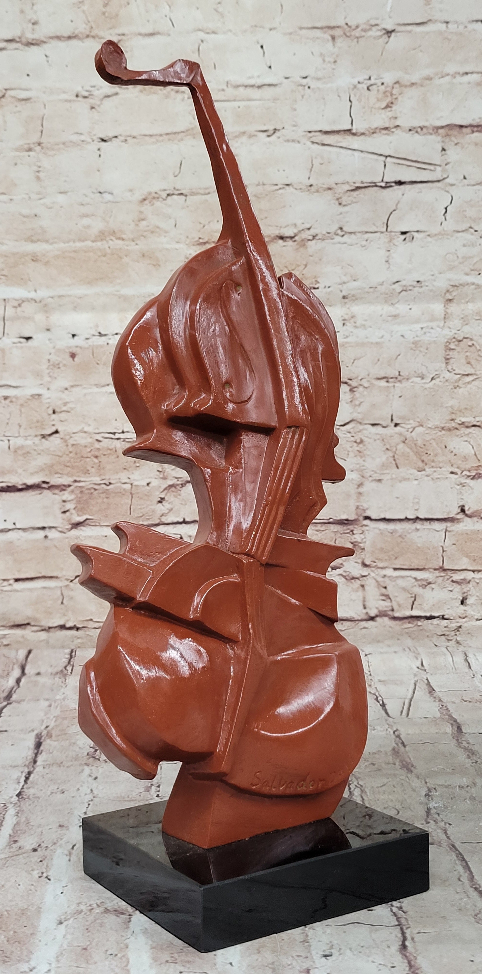 Salvador Dali Style Bronze Violin Sculpture on Marble Base