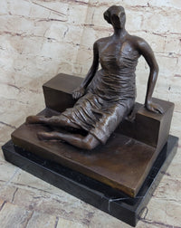 Woman on Bench by Henry Moore Bronze Sculpture Marble Base 9" x 8"