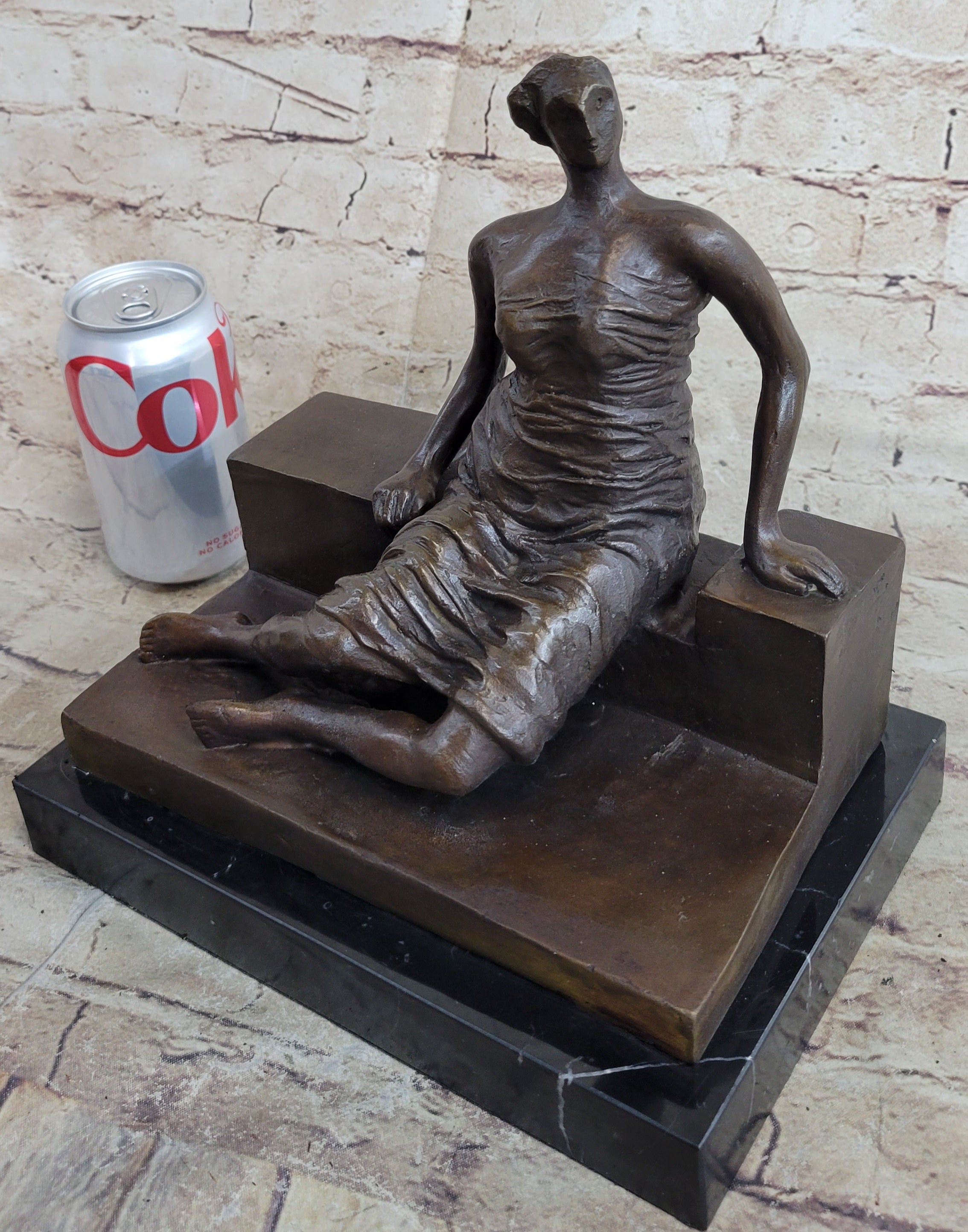 Woman on Bench by Henry Moore Bronze Sculpture Marble Base 9" x 8"