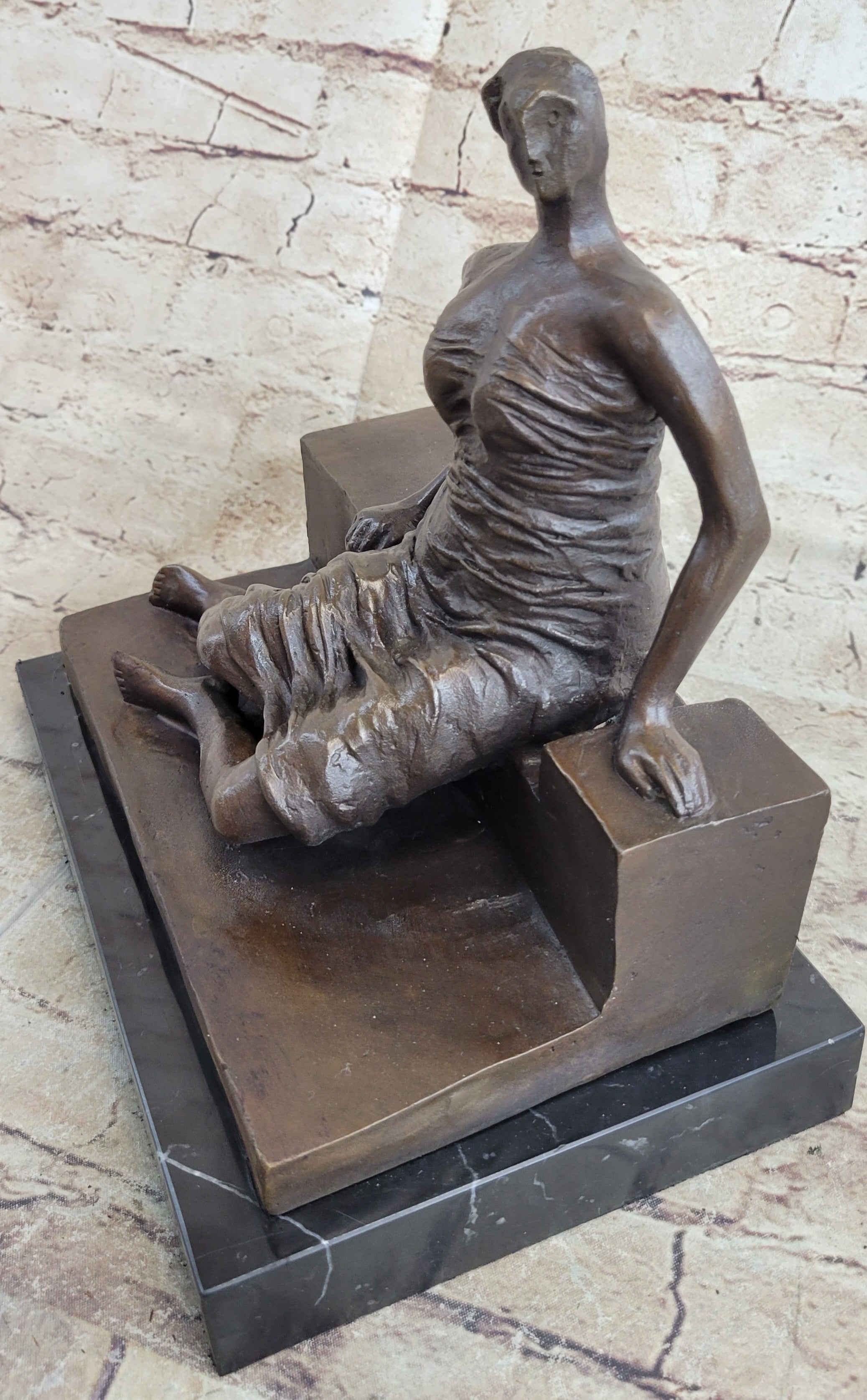 Woman on Bench by Henry Moore Bronze Sculpture Marble Base 9" x 8"