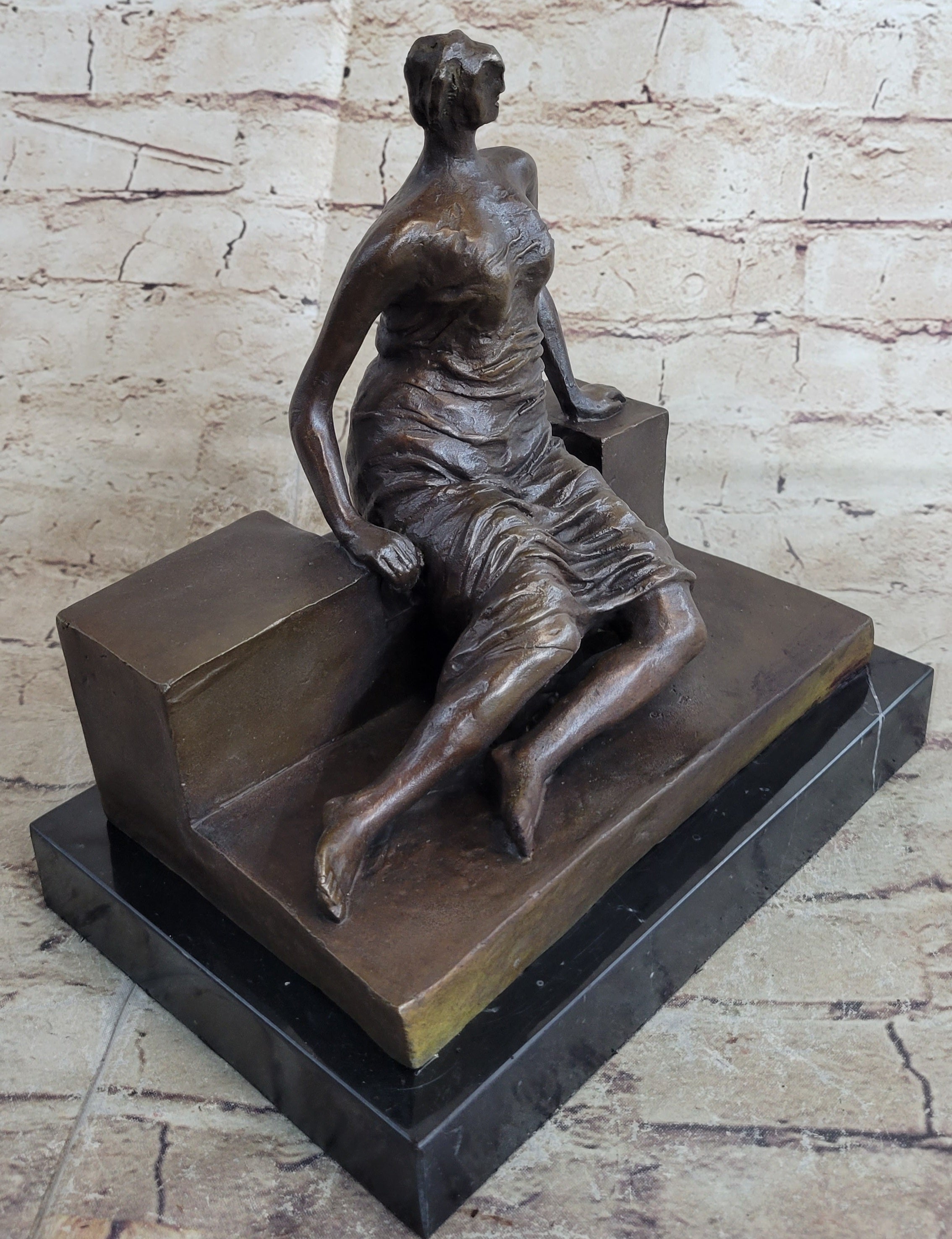 Woman on Bench by Henry Moore Bronze Sculpture Marble Base 9" x 8"