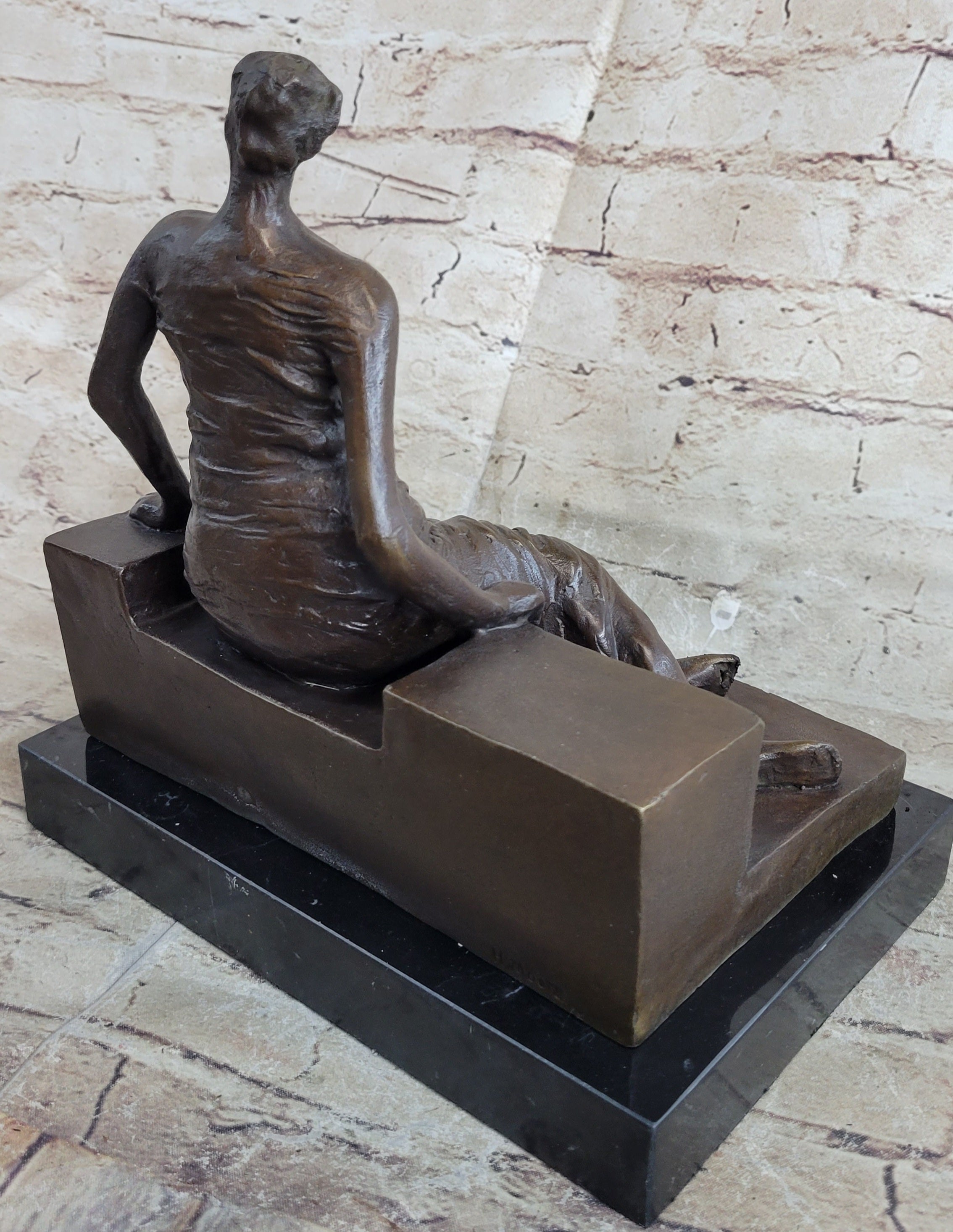 Woman on Bench by Henry Moore Bronze Sculpture Marble Base 9" x 8"