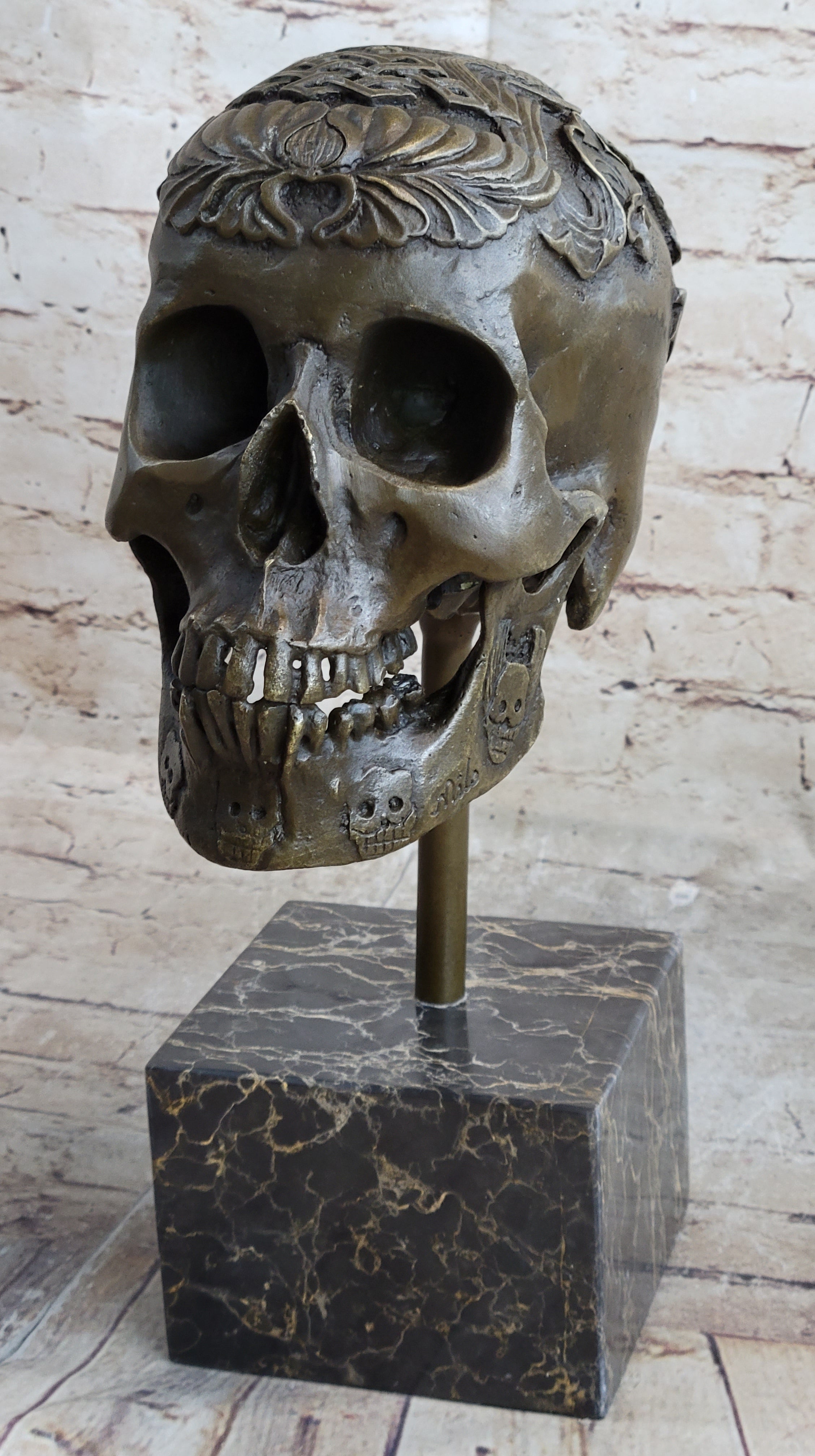 Dios De Los Muertes Day of the Dead Bronze Metal Skull 14" X 10"