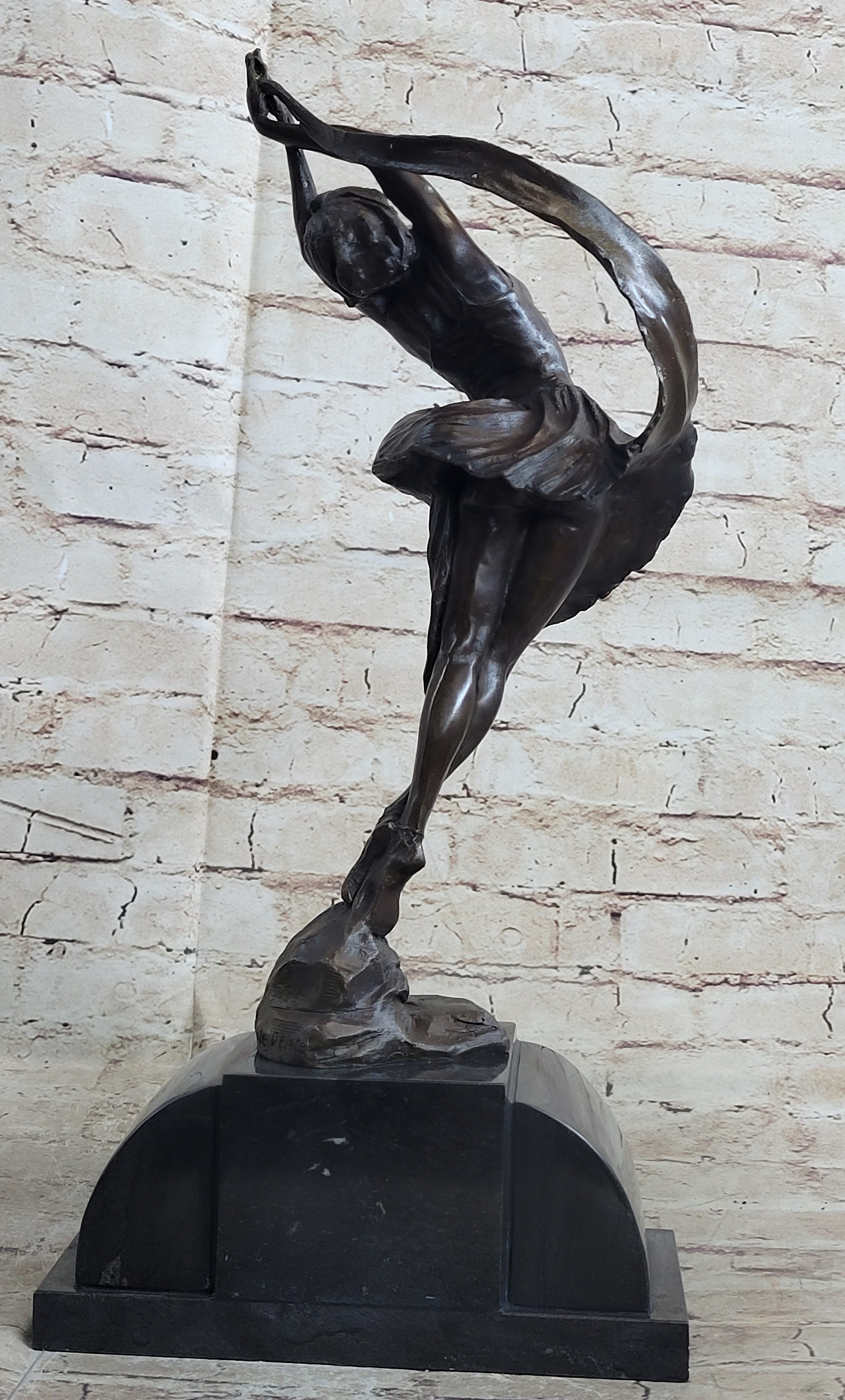Signed Leaping Dancer Bronze Sculpture by Delore