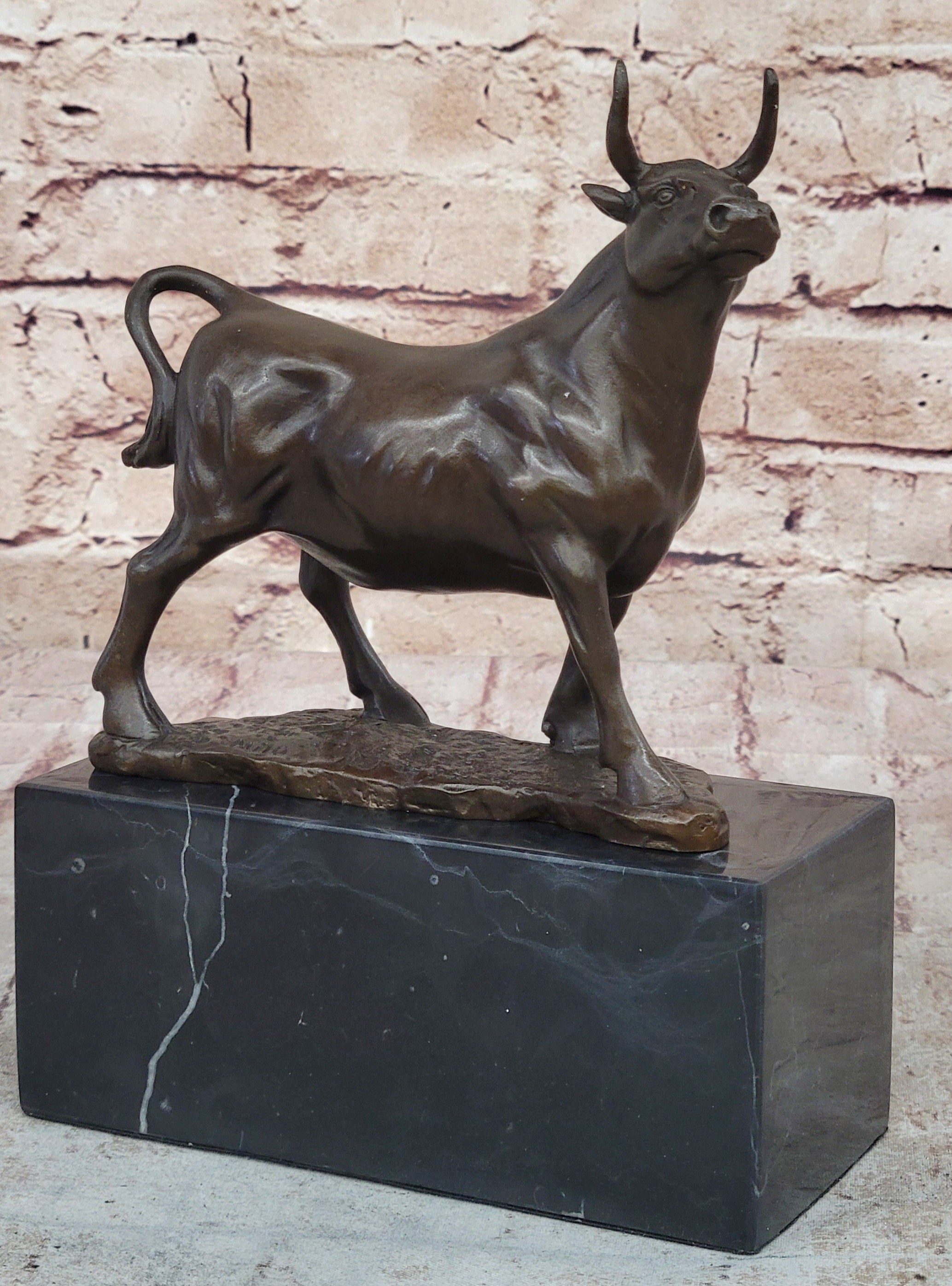 Male Bull Signed Milo Bookend Bronze Sculpture Marble Base