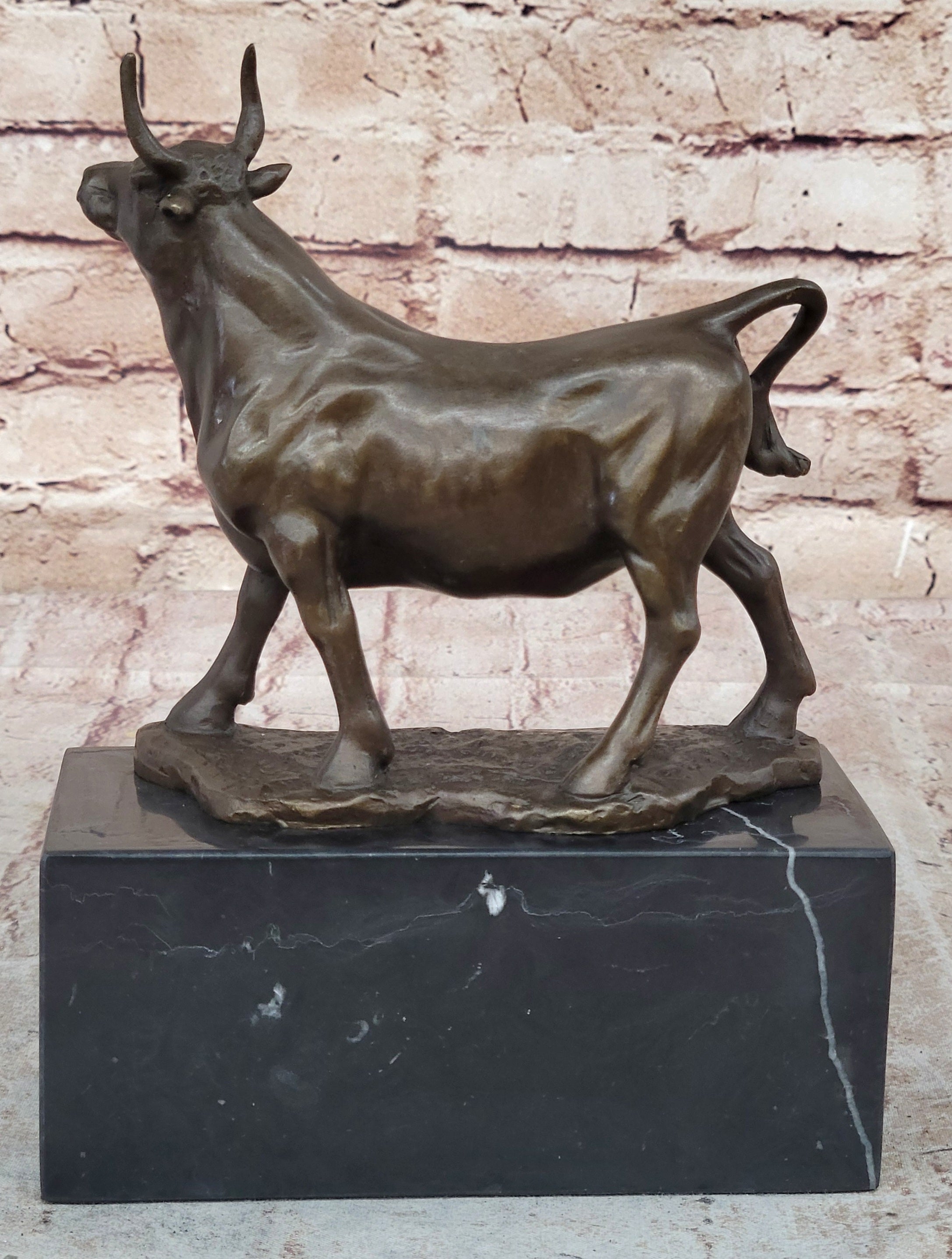 Male Bull Signed Milo Bookend Bronze Sculpture Marble Base