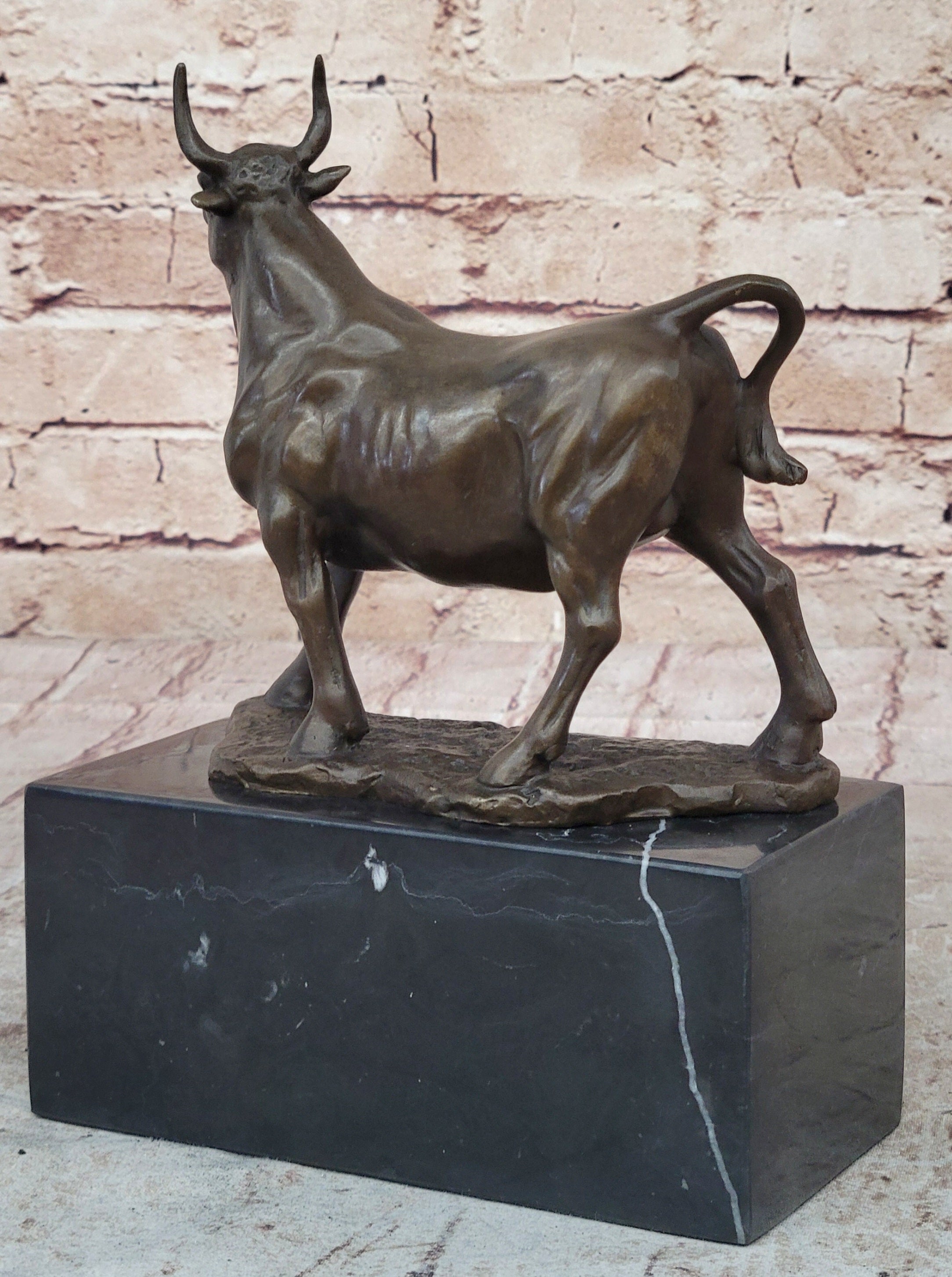 Male Bull Signed Milo Bookend Bronze Sculpture Marble Base