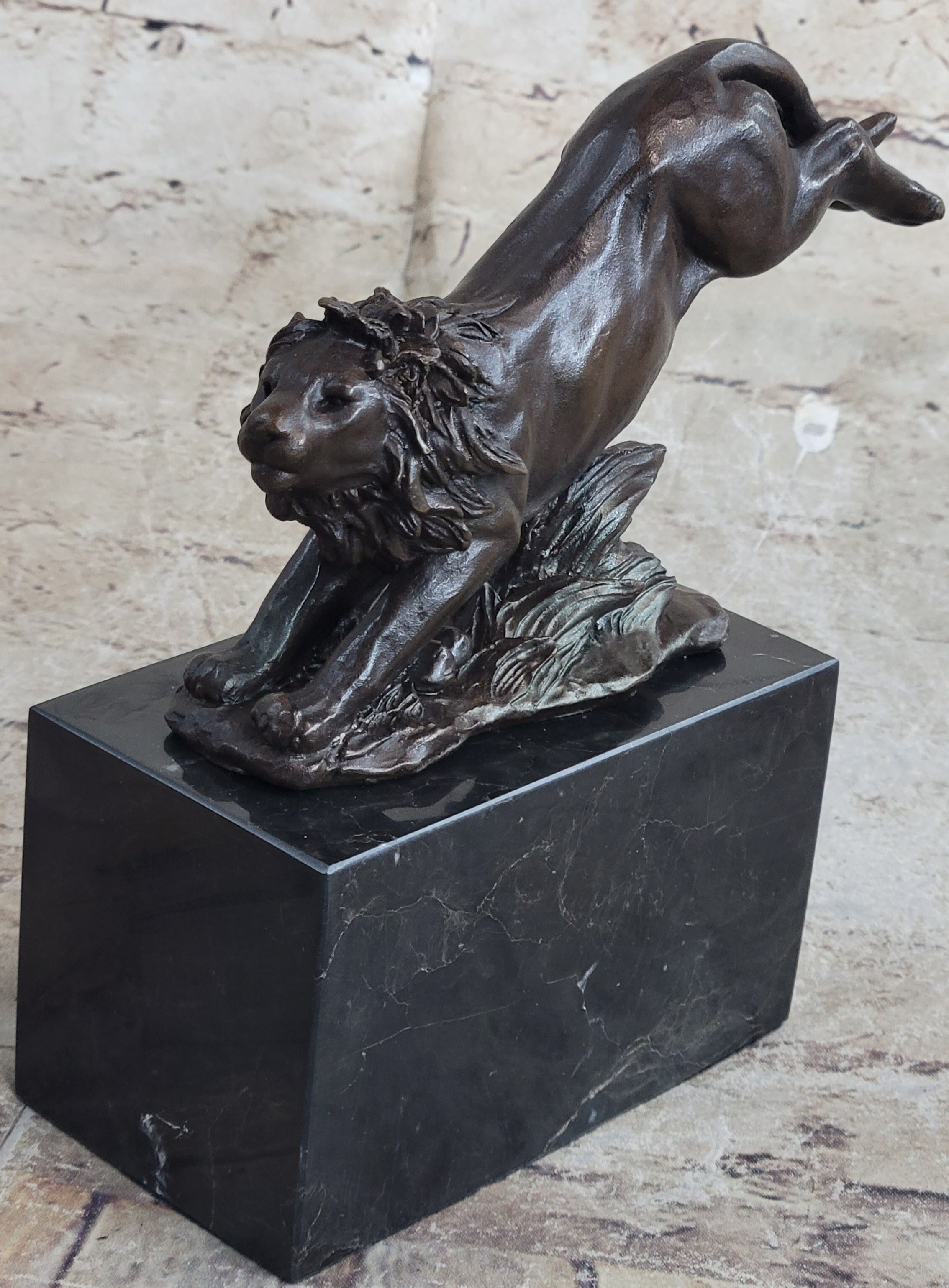 Hot Cast Jumping Lion by Barye Bronze Sculpture NR
