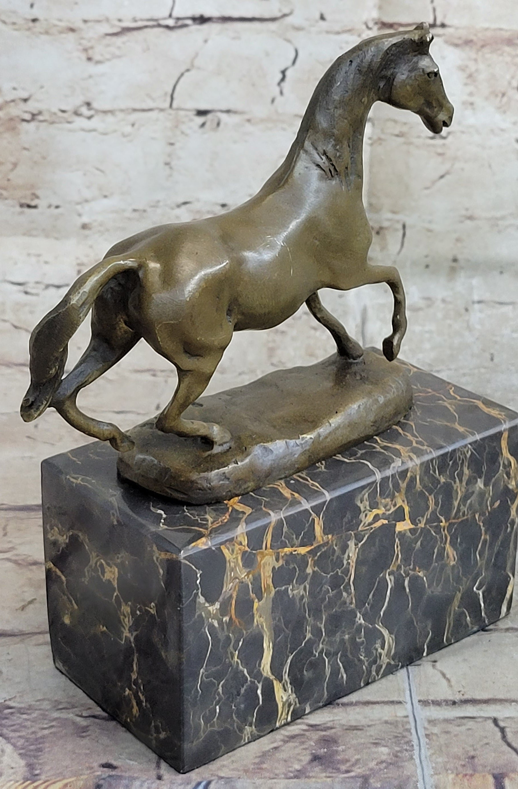 Hot Cast Bronze Galloping Horse Miniature Sculpture on Marble Base