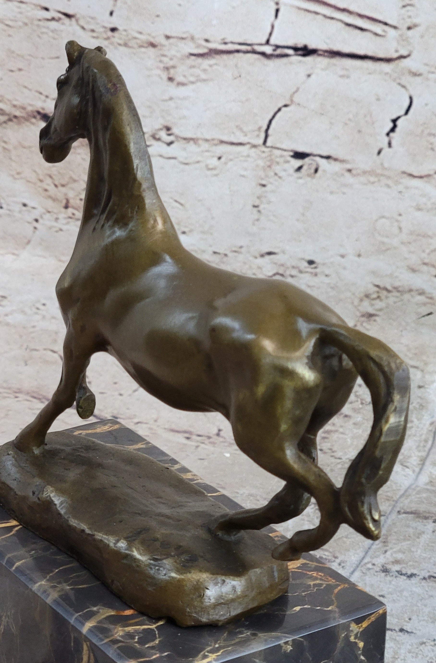 Hot Cast Bronze Galloping Horse Miniature Sculpture on Marble Base