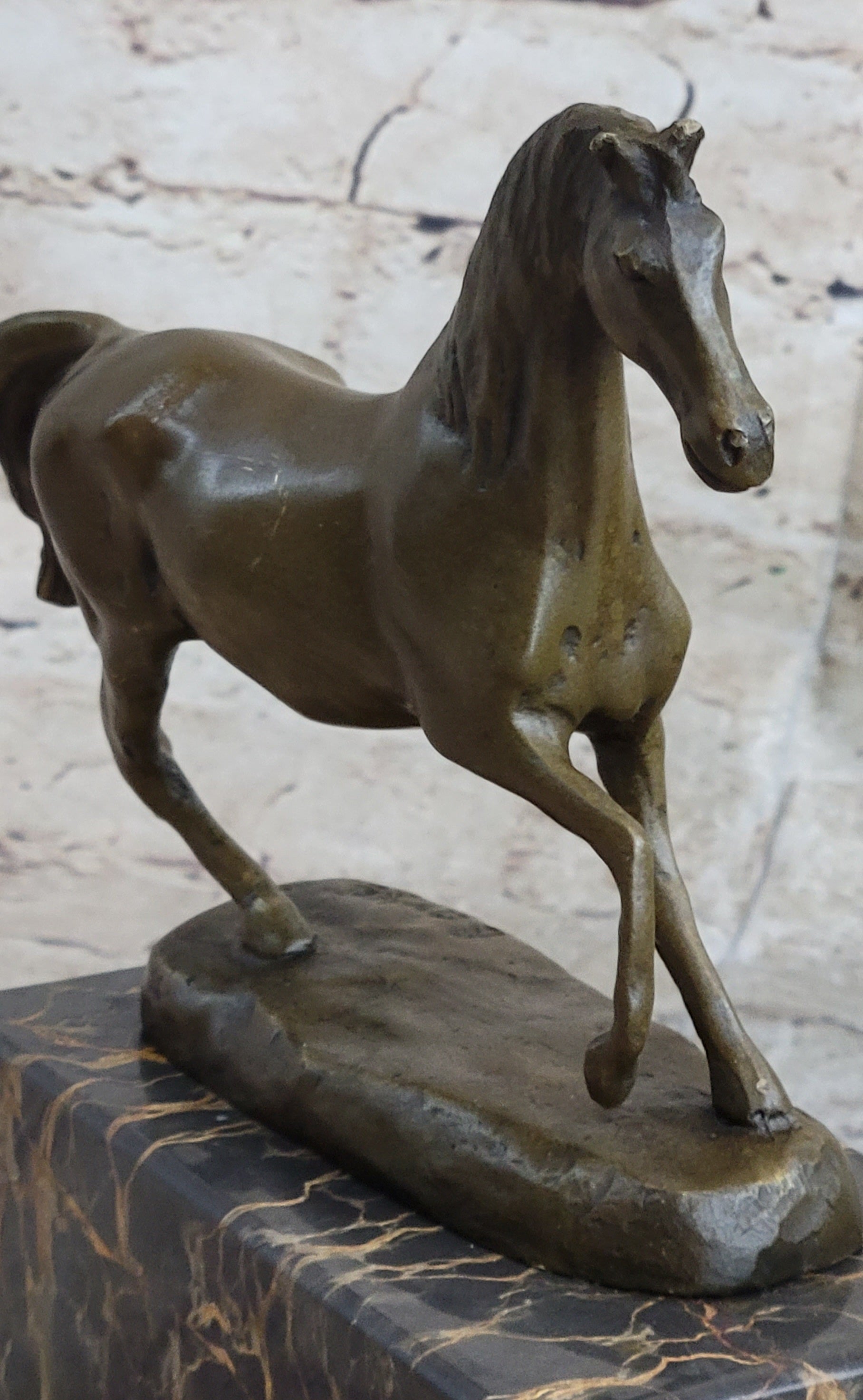 Hot Cast Bronze Galloping Horse Miniature Sculpture on Marble Base
