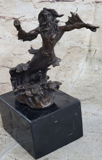 Signed Poseidon God of Sea Bronze Bookend Book End Sculpture Marble Base Statue