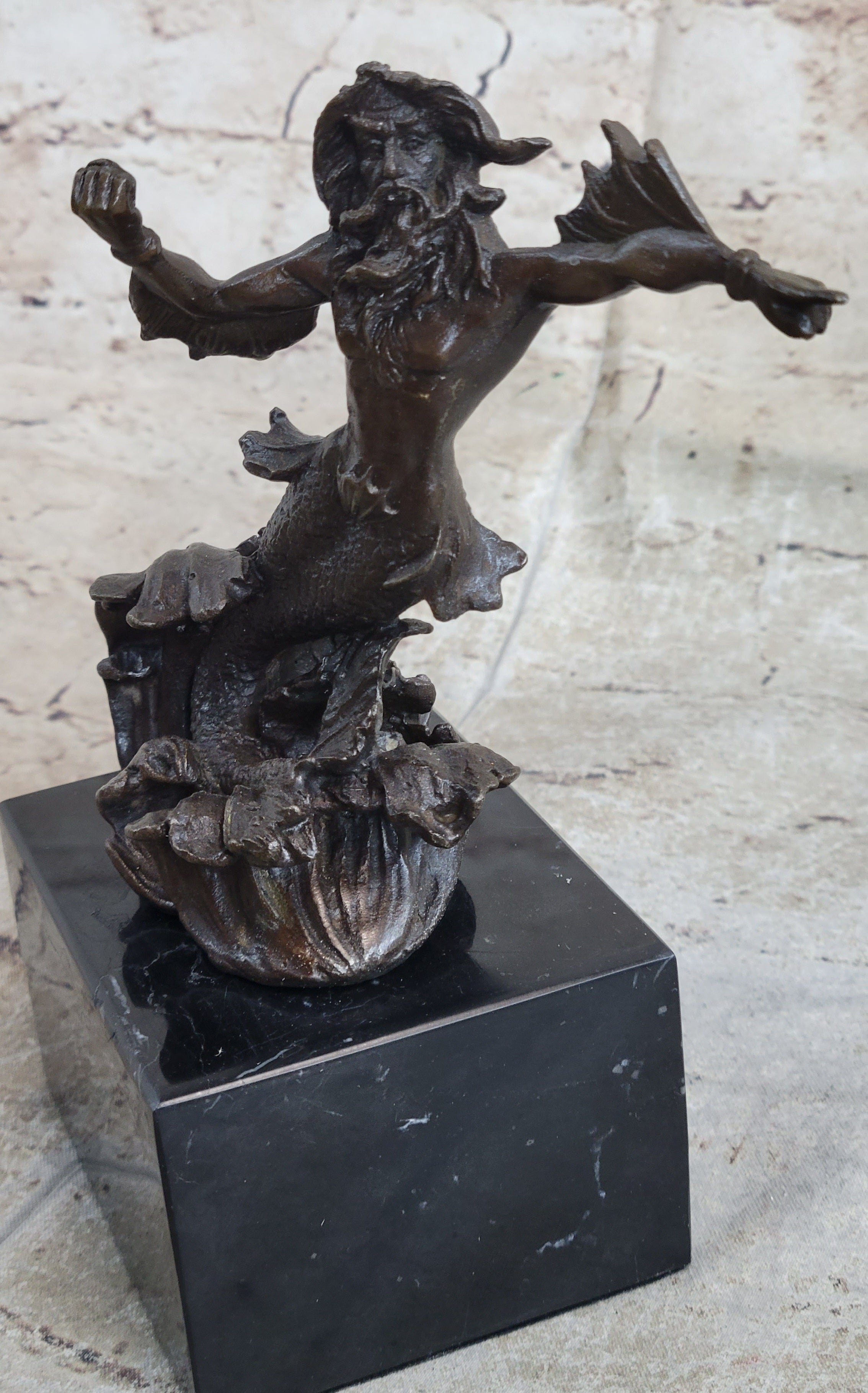 Signed Poseidon God of Sea Bronze Bookend Book End Sculpture Marble Base Statue