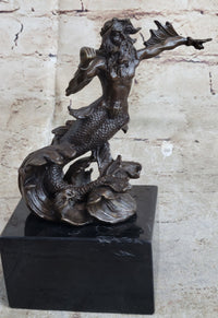 Signed Poseidon God of Sea Bronze Bookend Book End Sculpture Marble Base Statue