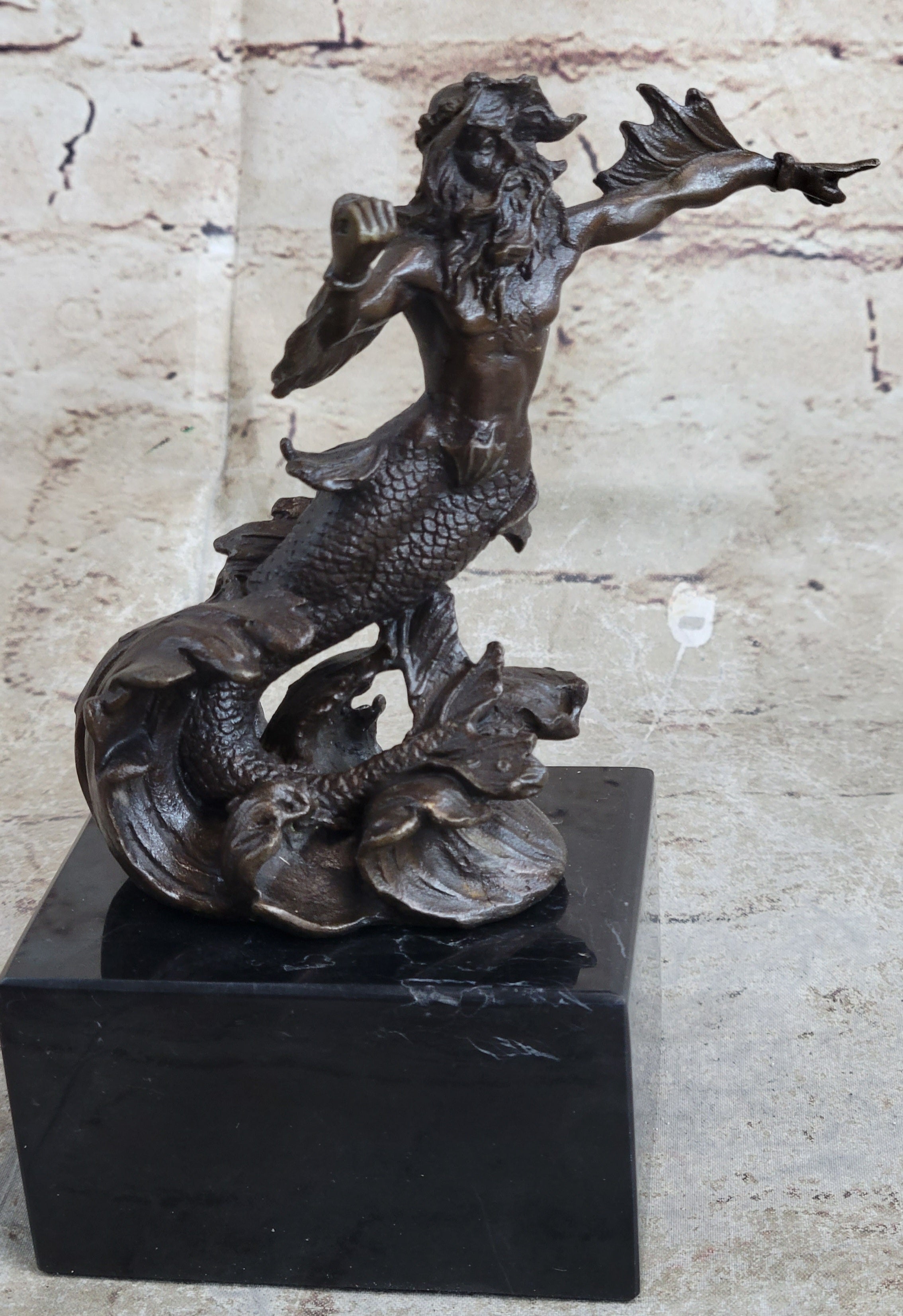 Signed Poseidon God of Sea Bronze Bookend Book End Sculpture Marble Base Statue