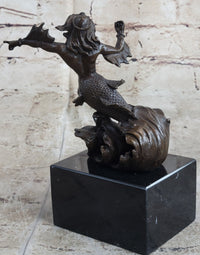 Signed Poseidon God of Sea Bronze Bookend Book End Sculpture Marble Base Statue