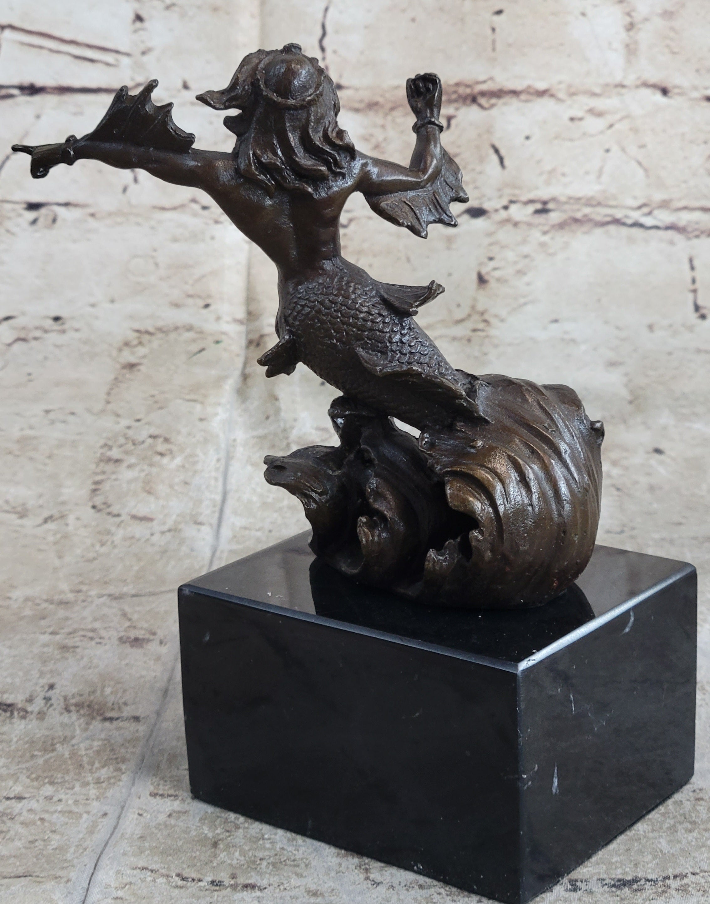Signed Poseidon God of Sea Bronze Bookend Book End Sculpture Marble Base Statue