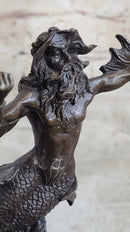 Signed Poseidon God of Sea Bronze Bookend Book End Sculpture Marble Base Statue
