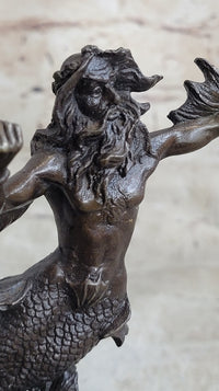 Signed Poseidon God of Sea Bronze Bookend Book End Sculpture Marble Base Statue