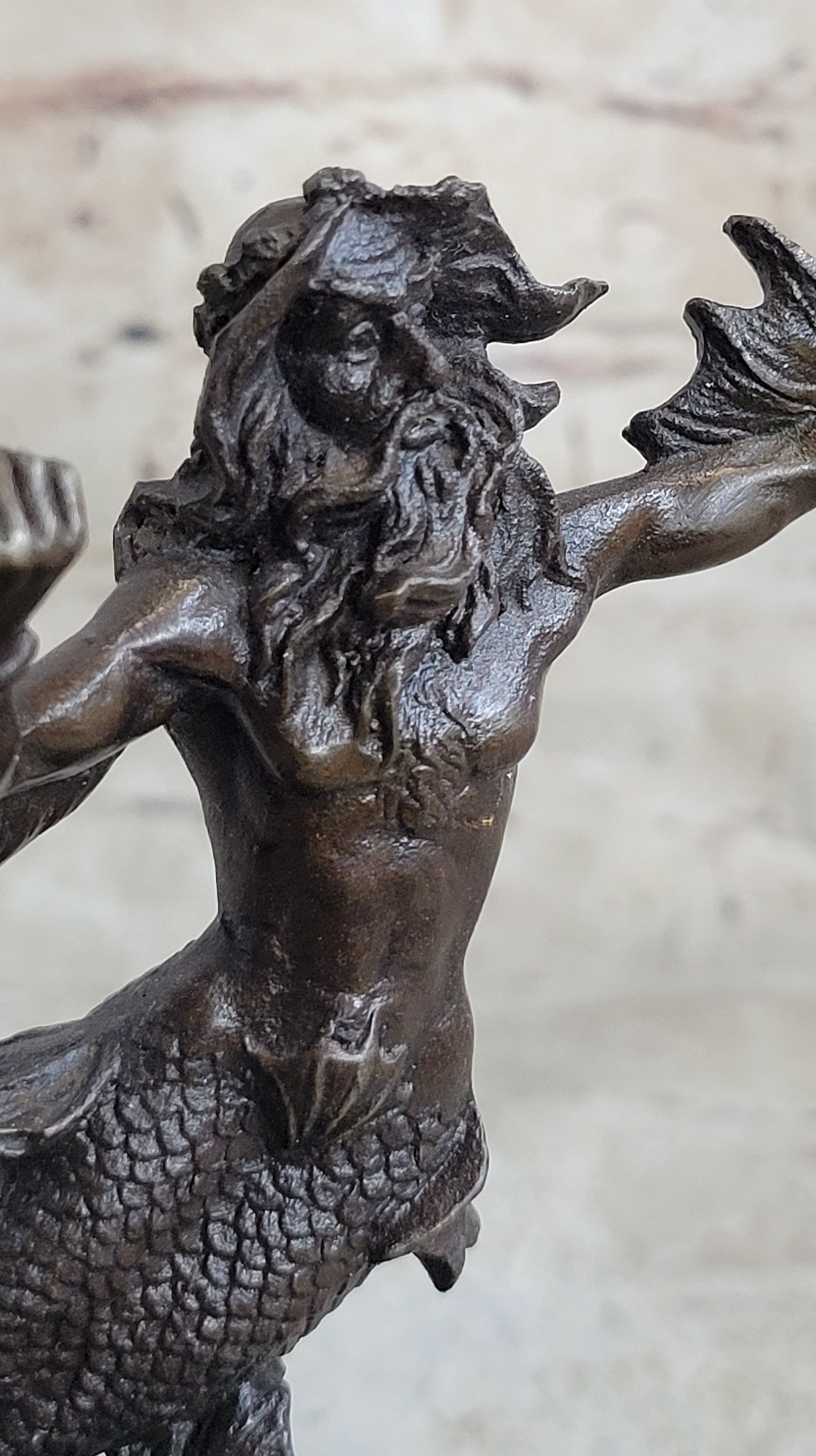 Signed Poseidon God of Sea Bronze Bookend Book End Sculpture Marble Base Statue